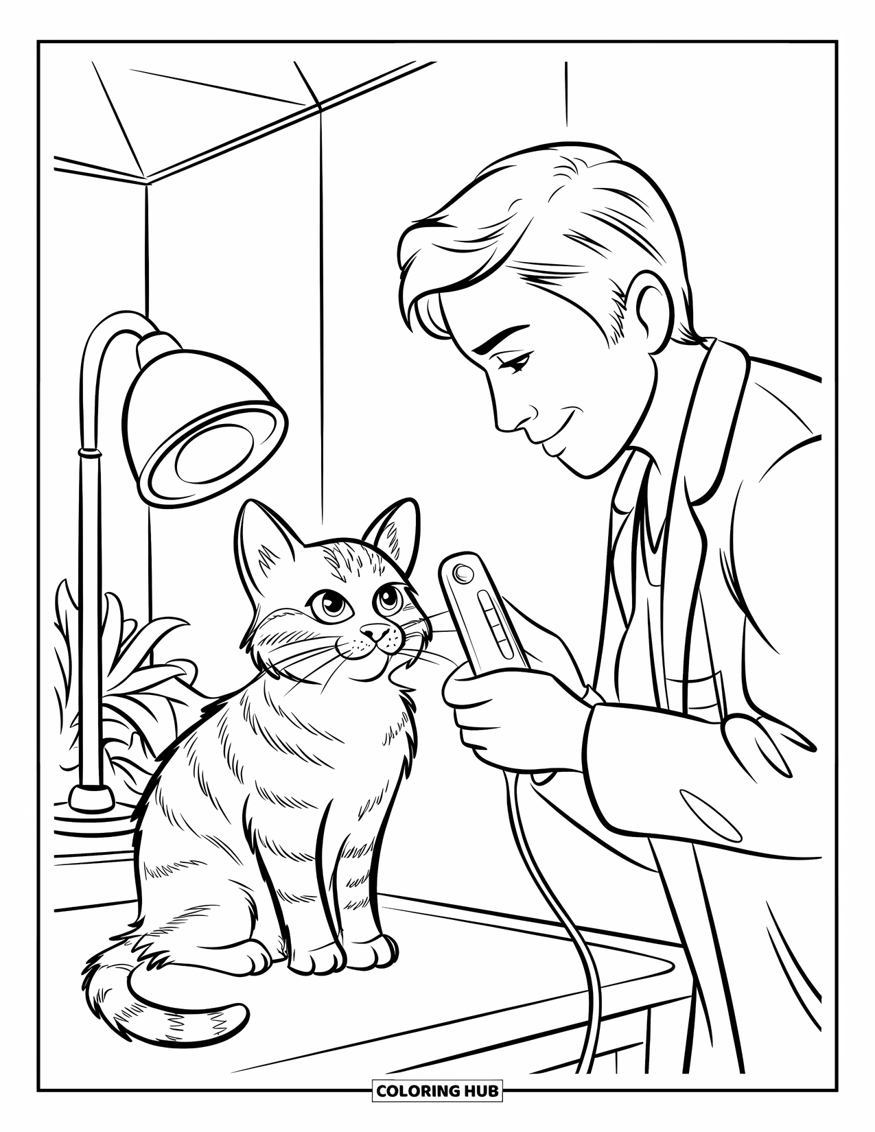 Vet Coloring Page for Kids: A vet gently checks a cat's temperature in a bright clinic