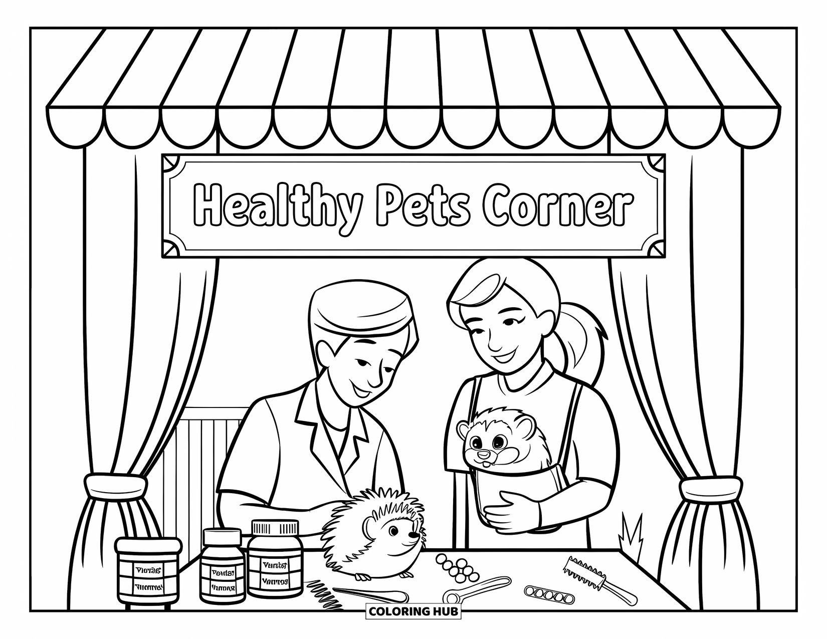 Vet Coloring Page for Kids: A vet helps a hedgehog while a curious ferret peeks out and tools rest nearby