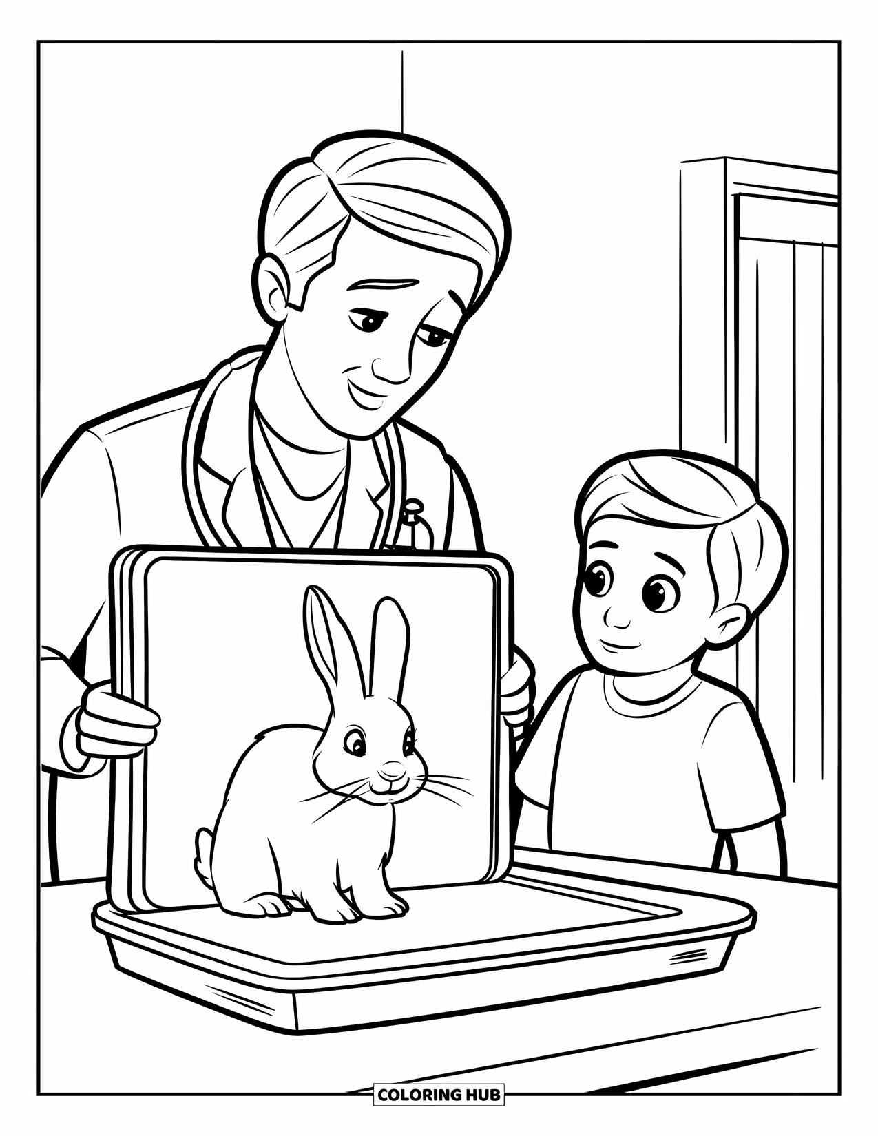 Vet Coloring Page for Kids: A vet shows a rabbit's x-ray to a curious child in a clean clinic