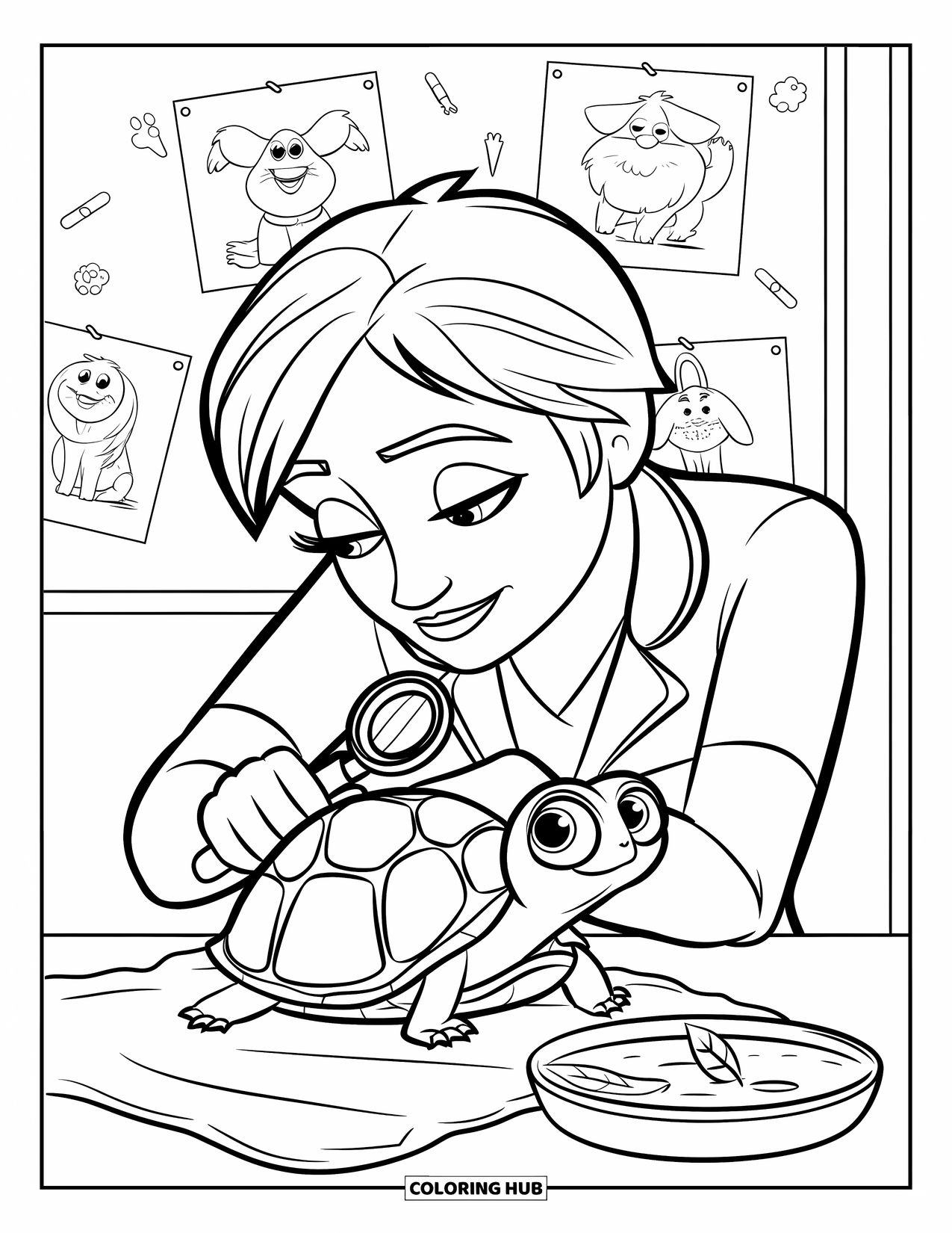 Vet Coloring Page for Kids: A vet studies a turtle's shell while drawings of pets hang nearby