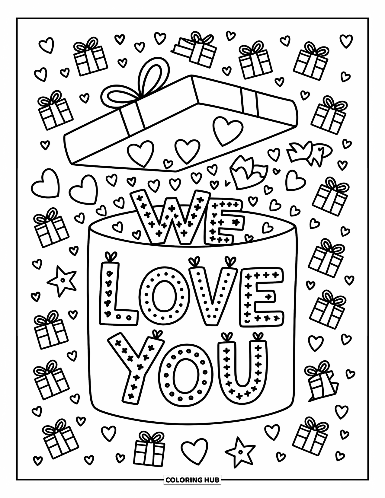 We Love You Coloring Page for Adults: A joyful box spills hearts and stars, glowing with a sweet message of love