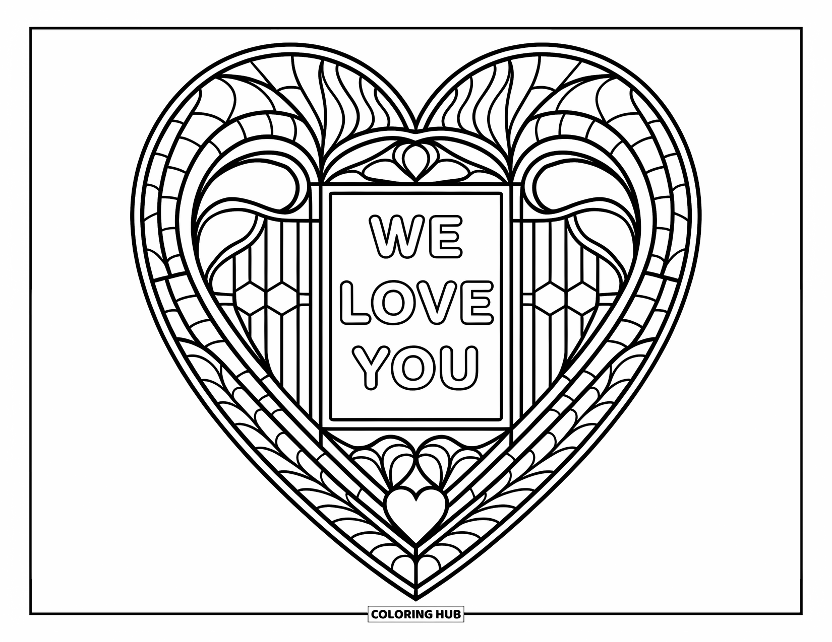 We Love You Coloring Page for Adults: An intricate heart window glows with a message of love in the center