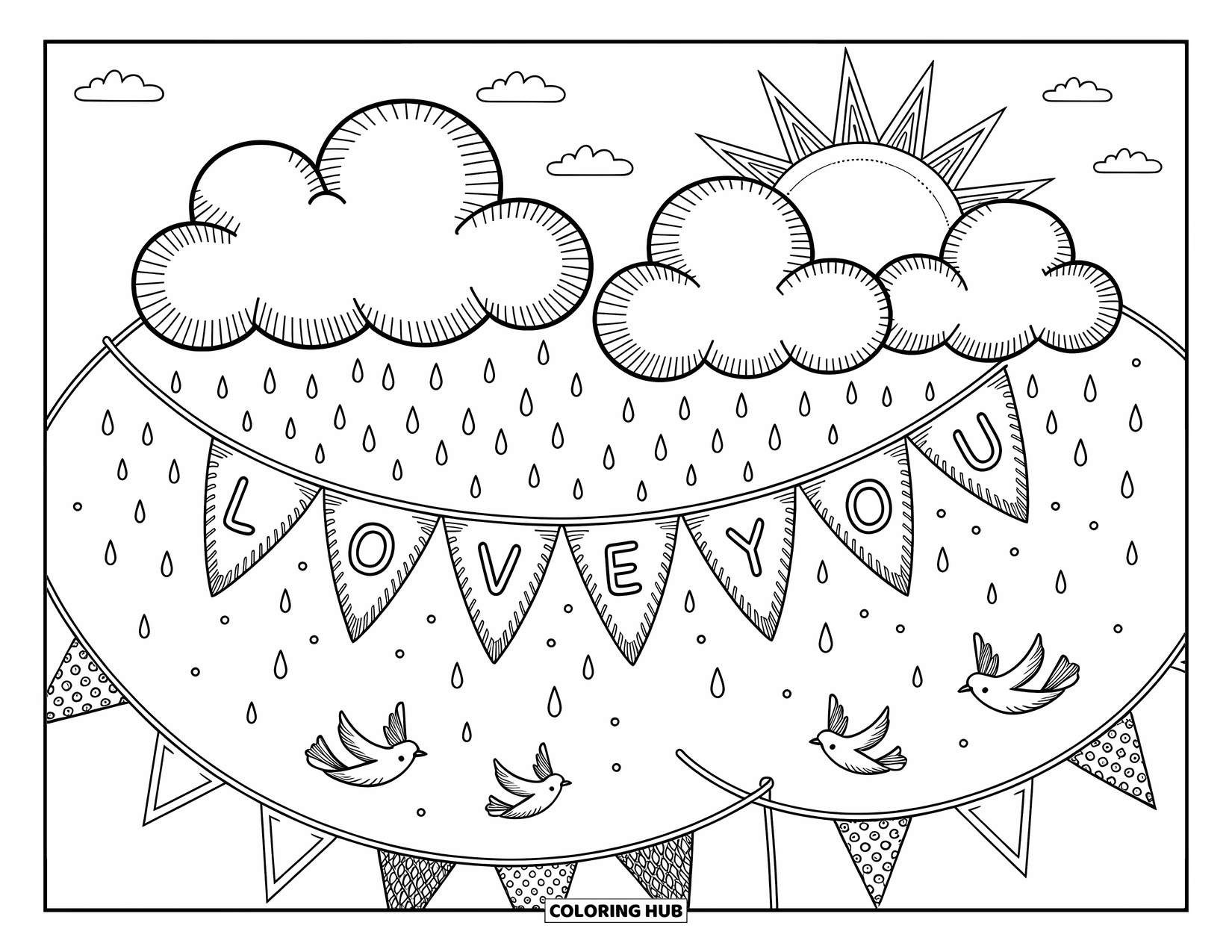 We Love You Coloring Page for Adults: Birds, clouds, and lacey sunbeams surround a sky full of tiny heart-shaped rain