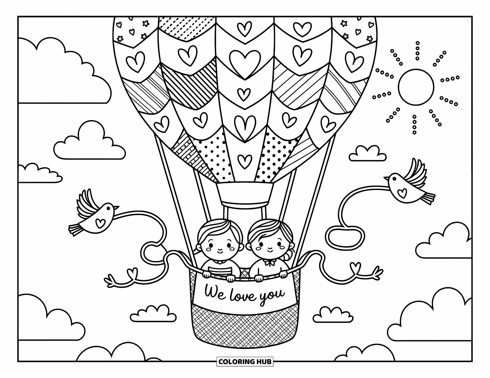 We Love You Coloring Page for Adults: Children in a balloon basket share a scroll of love as birds flutter by