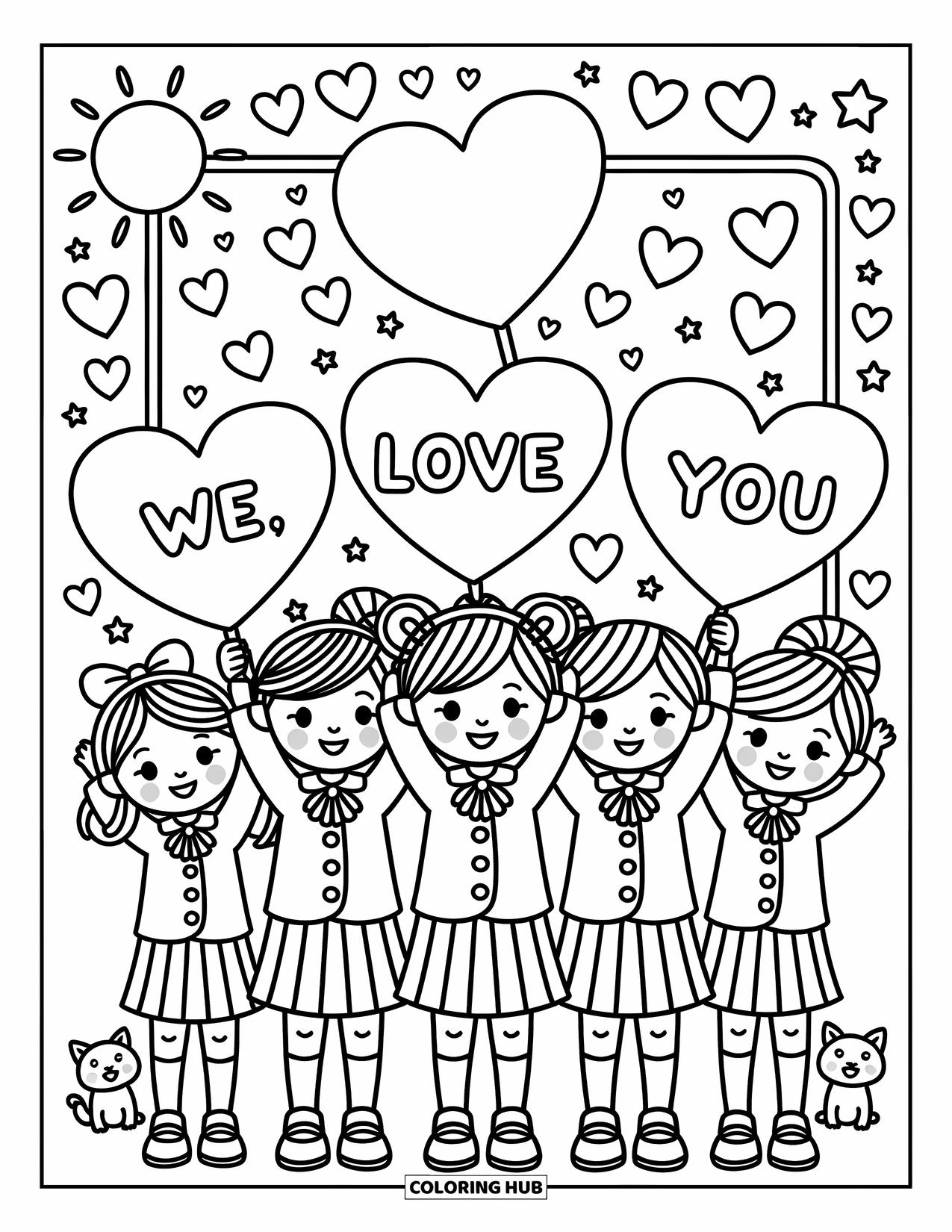 We Love You Coloring Page for Adults: Children in school outfits hold heart signs with a sweet, happy message of love