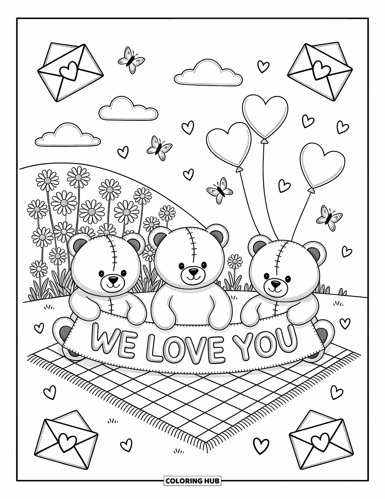 We Love You Coloring Page for Adults: Three teddy bears hold a stitched banner sharing a sweet message on a picnic