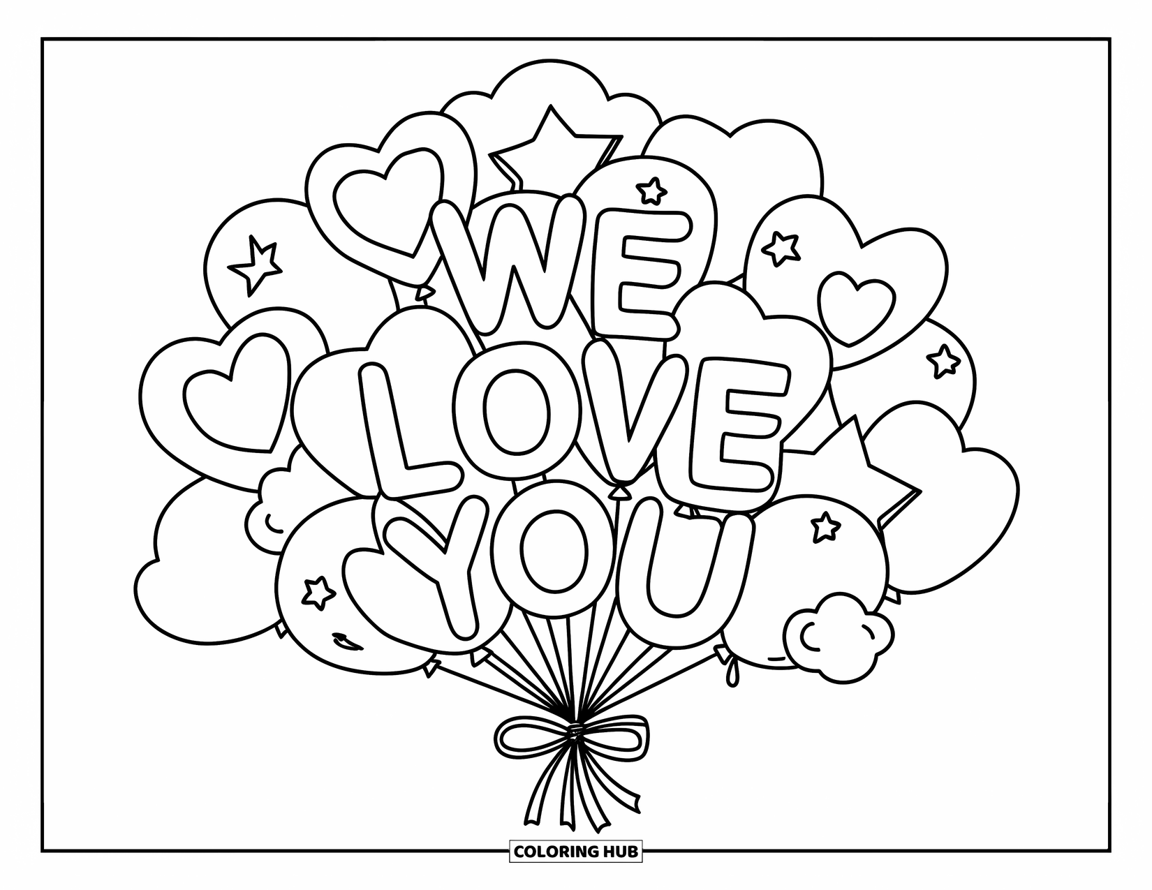 We Love You Coloring Page for Kids: A balloon bunch tied with love drifts playfully in the sky