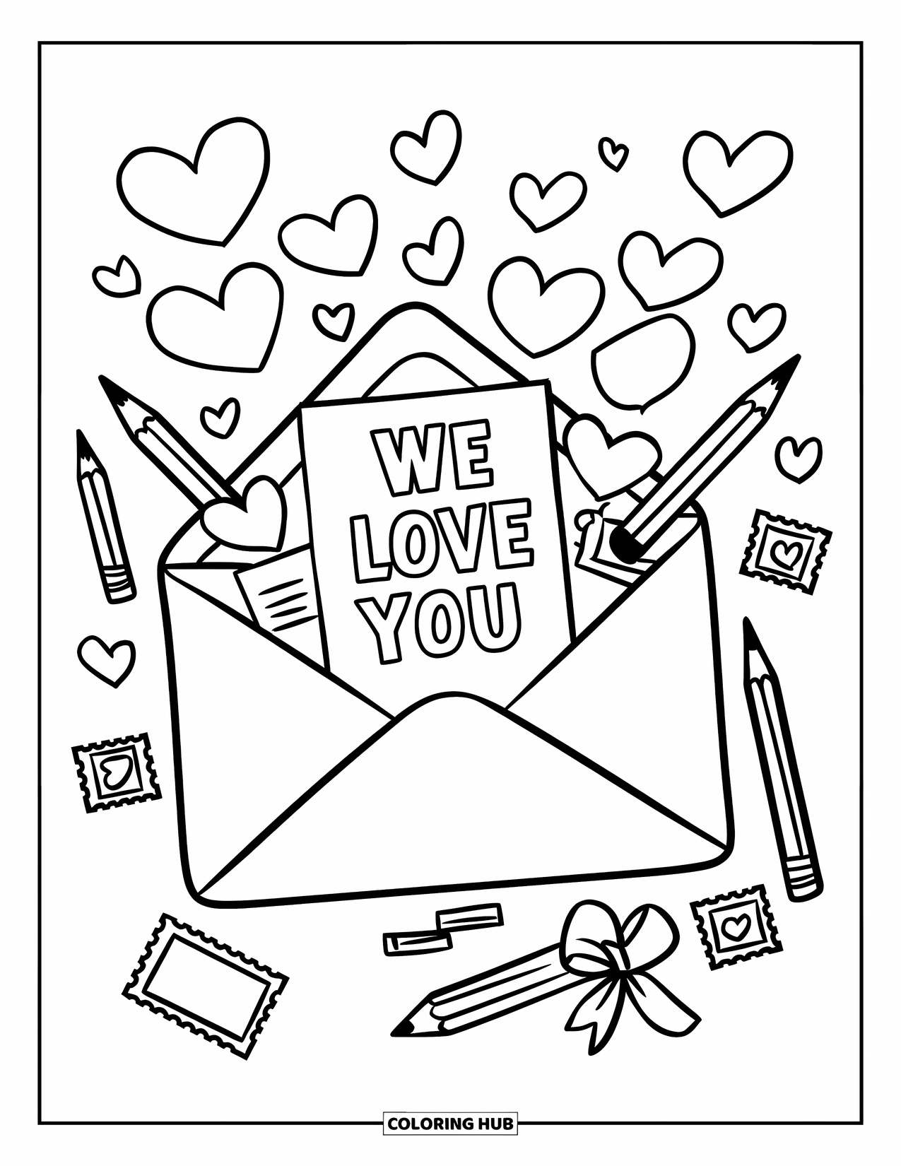 We Love You Coloring Page for Kids: A big envelope spills out hearts and loving little notes