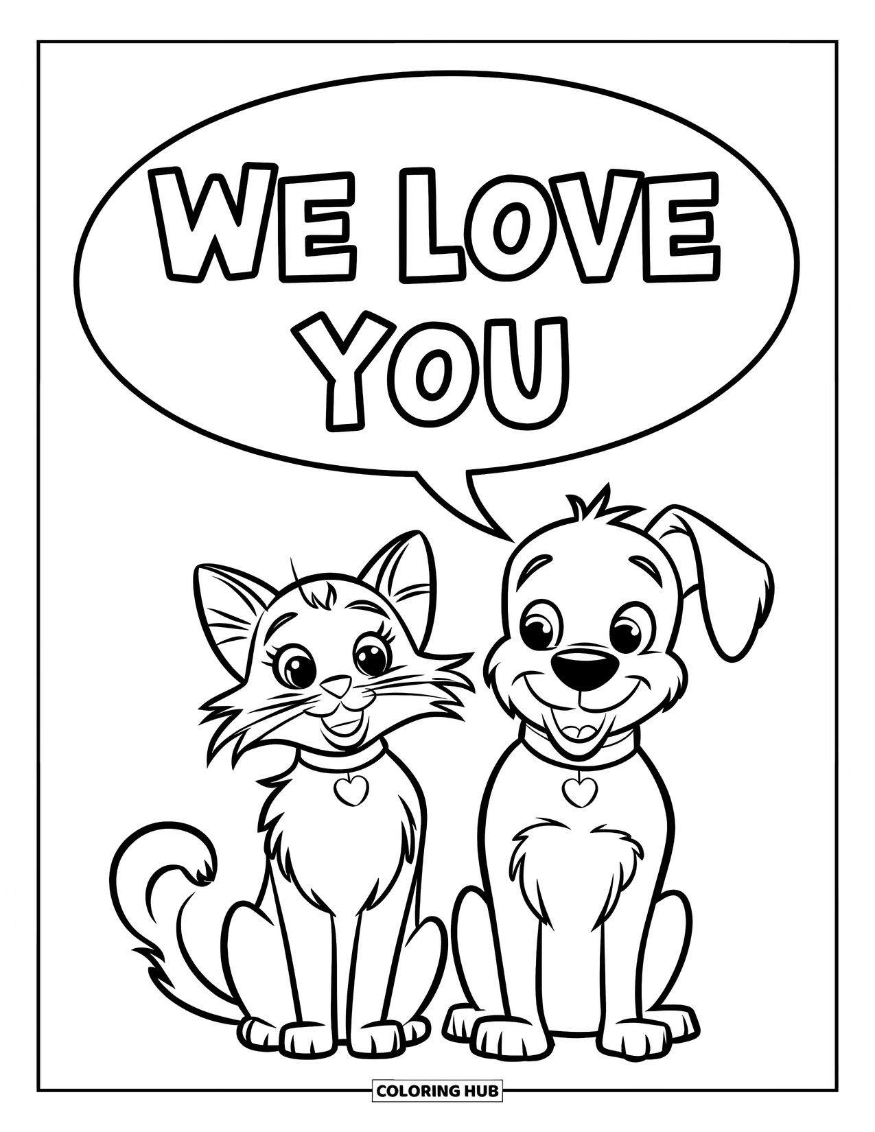 We Love You Coloring Page for Kids: A cat and dog sit side-by-side sharing a loving message