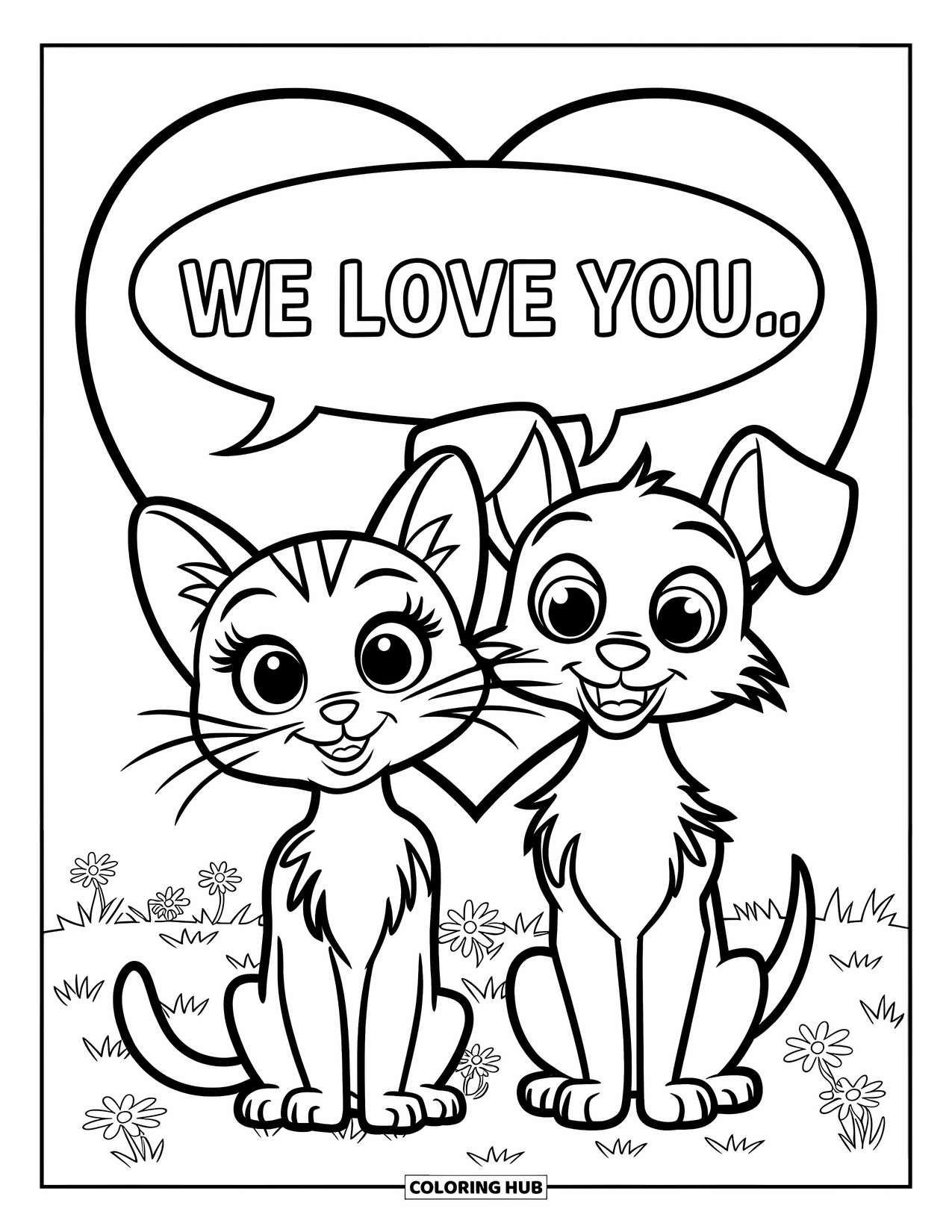 We Love You Coloring Page for Kids: A cat and dog smile together under a floating "We Love You"