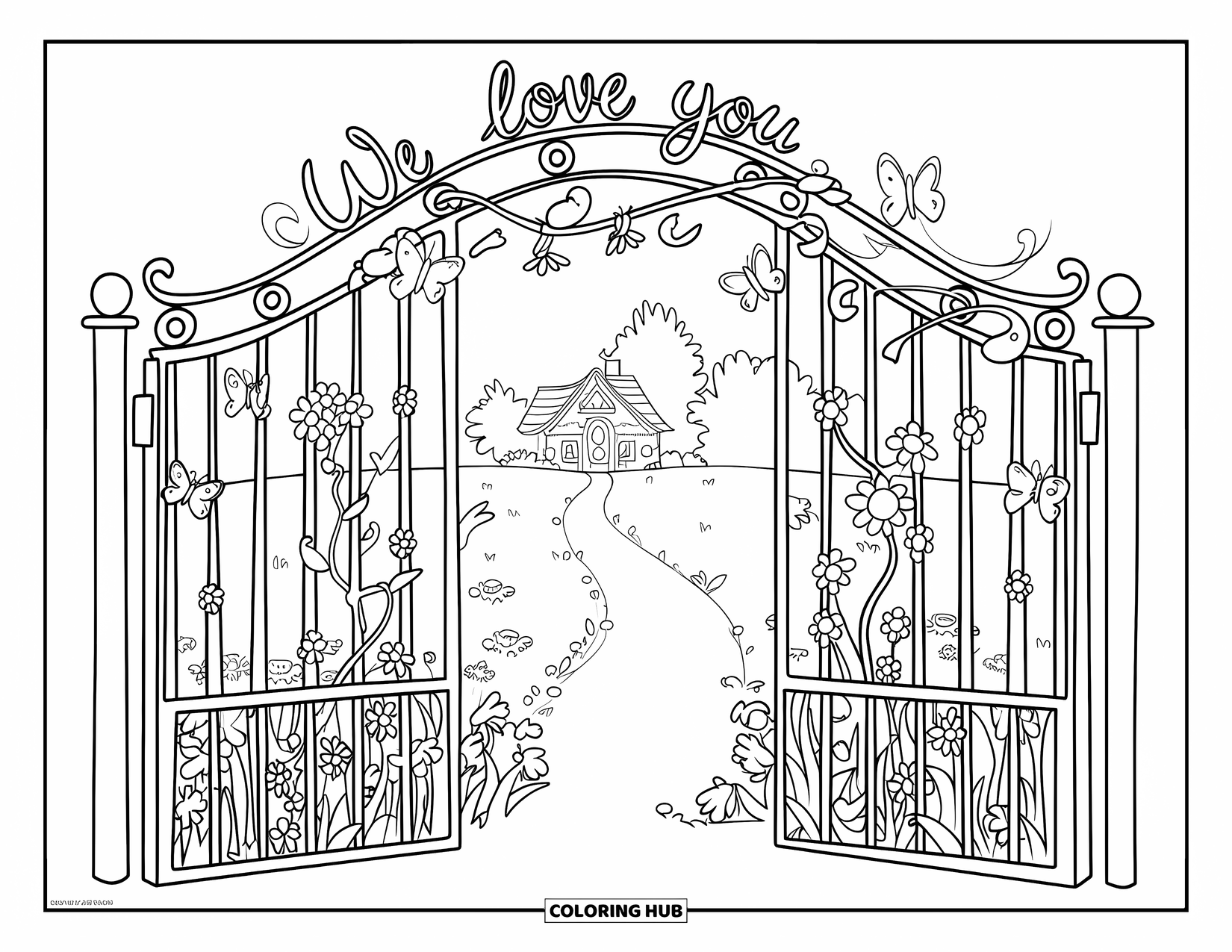 We Love You Coloring Page for Kids: A charming gate opens to a field of flowers and warm wishes