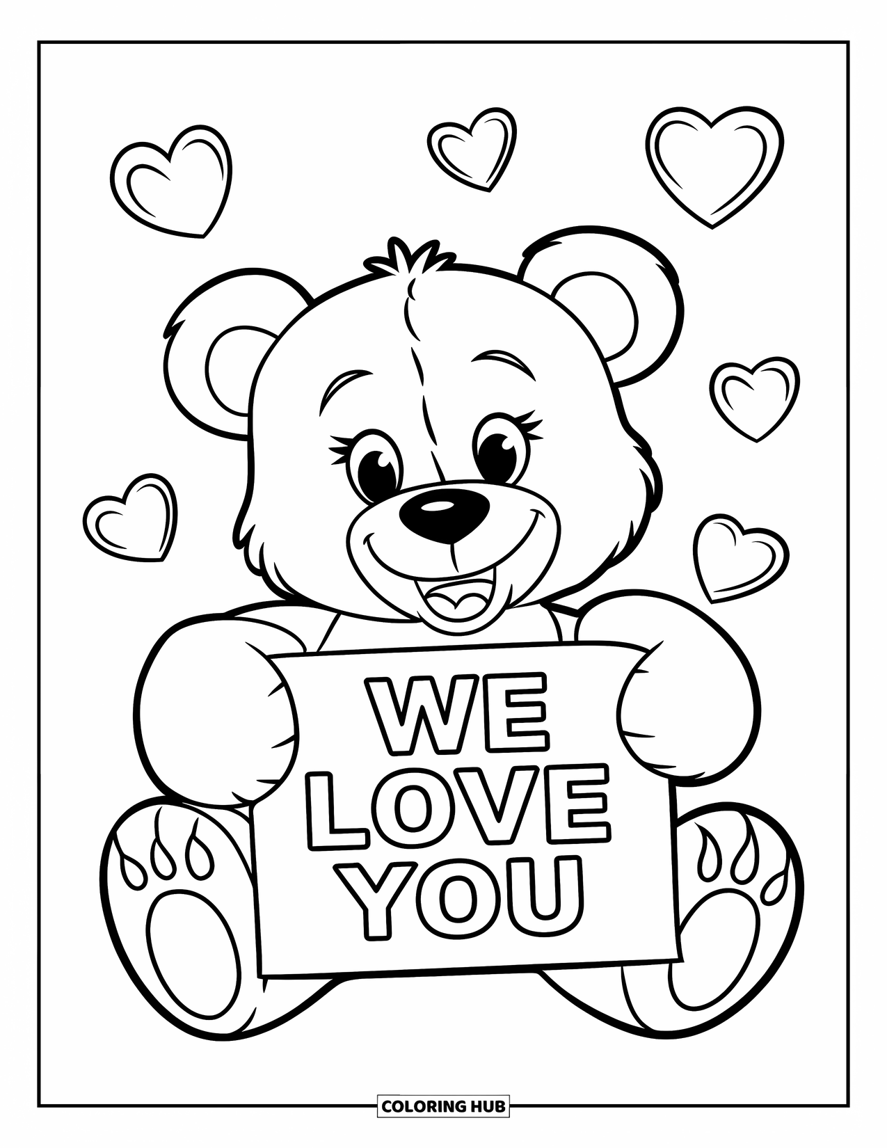 We Love You Coloring Page for Kids: A cute bear smiles with hearts and a loving message