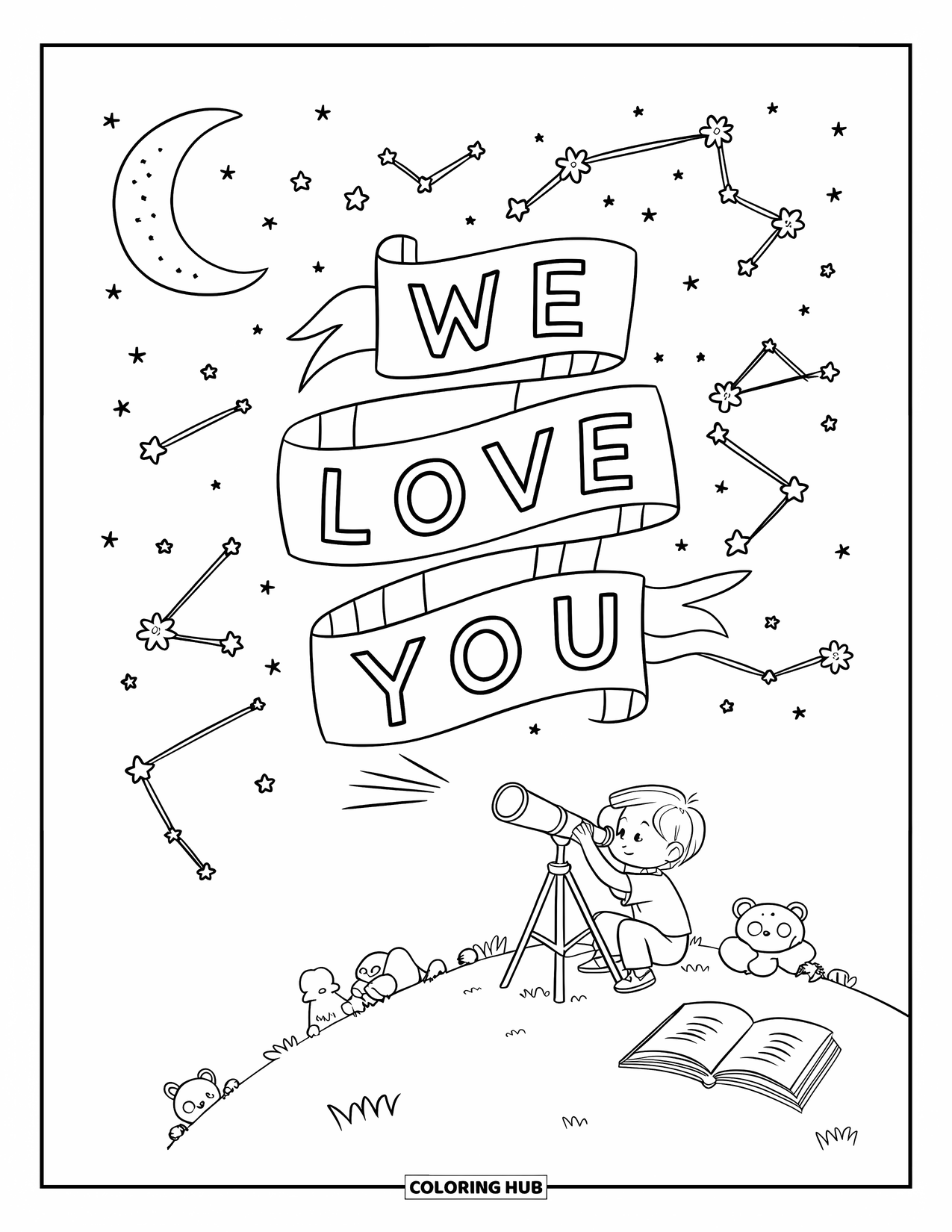 We Love You Coloring Page for Kids: A dreamy night sky spells love as a child looks through a telescope
