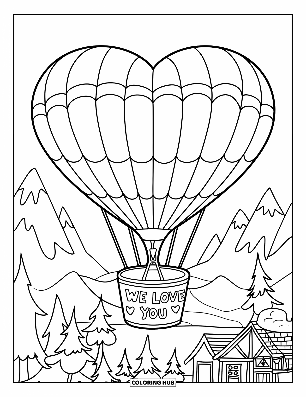 We Love You Coloring Page for Kids: A flying balloon shaped like a heart sends love from above