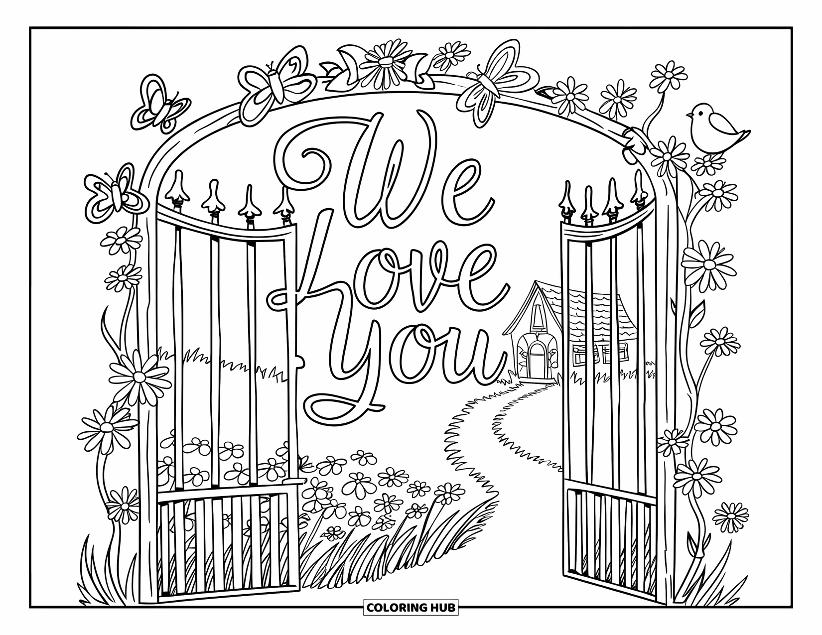 We Love You Coloring Page for Kids: A garden gate opens to love, flowers, and a peaceful path