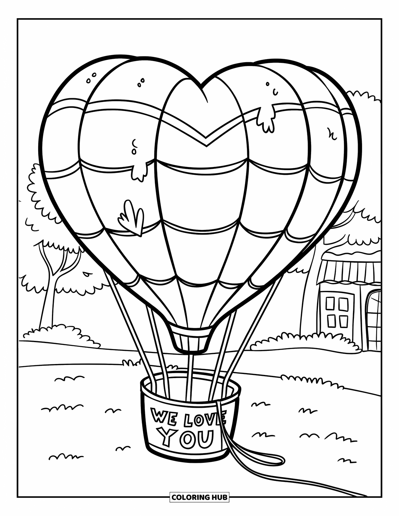 We Love You Coloring Page for Kids: A heart balloon shares love while flying over trees and rooftops