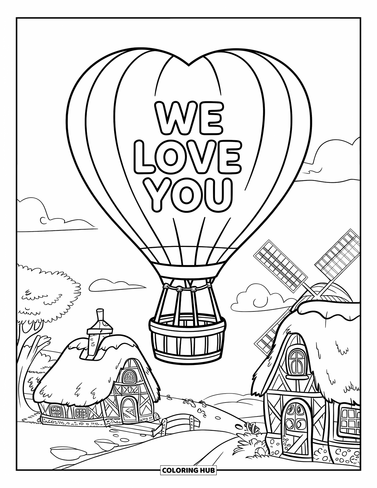 We Love You Coloring Page for Kids: A heart-shaped balloon floats above a sweet village scene