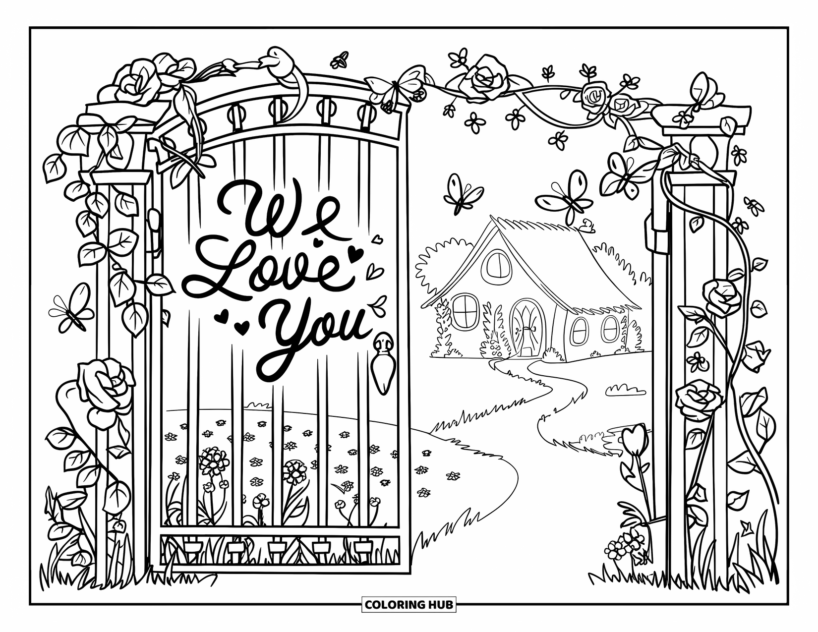 We Love You Coloring Page for Kids: A lovely gate leads to flowers and love with birds and butterflies