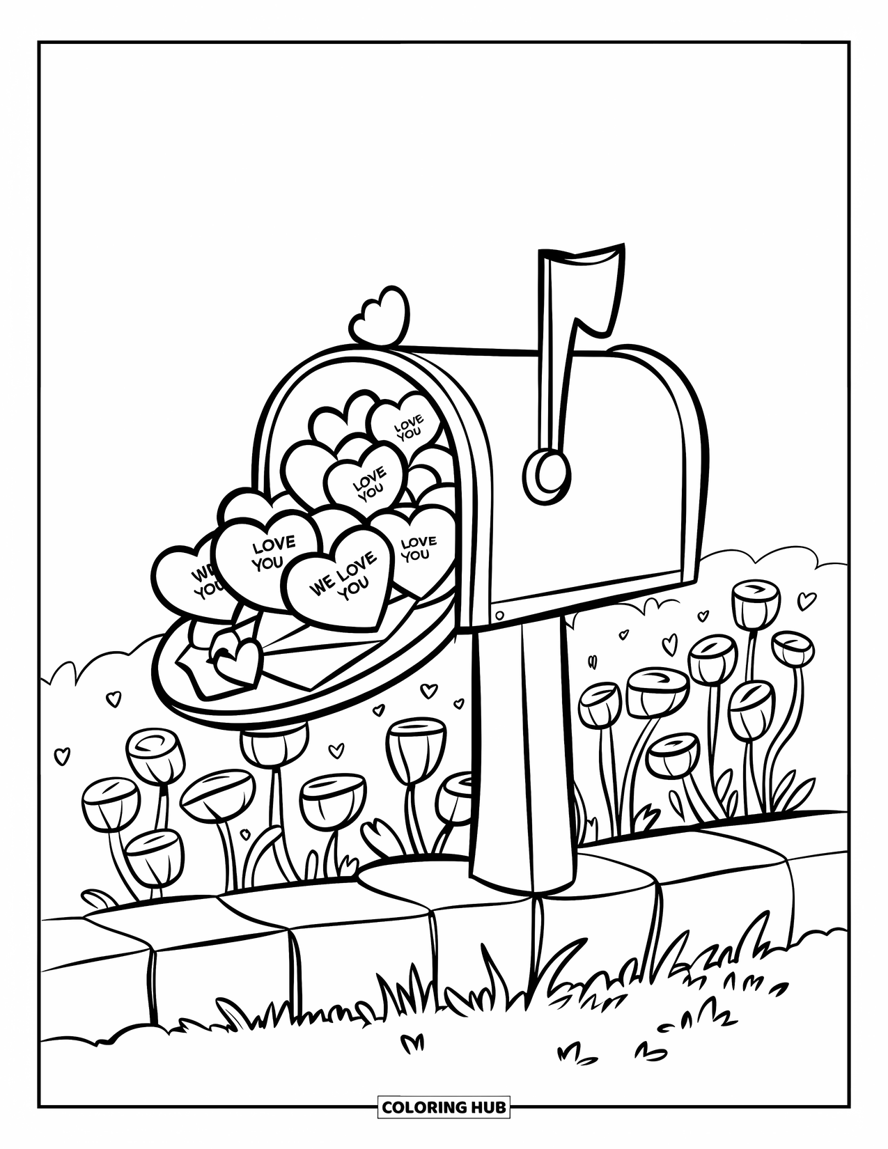 We Love You Coloring Page for Kids: A mailbox bursts with hearts and love letters