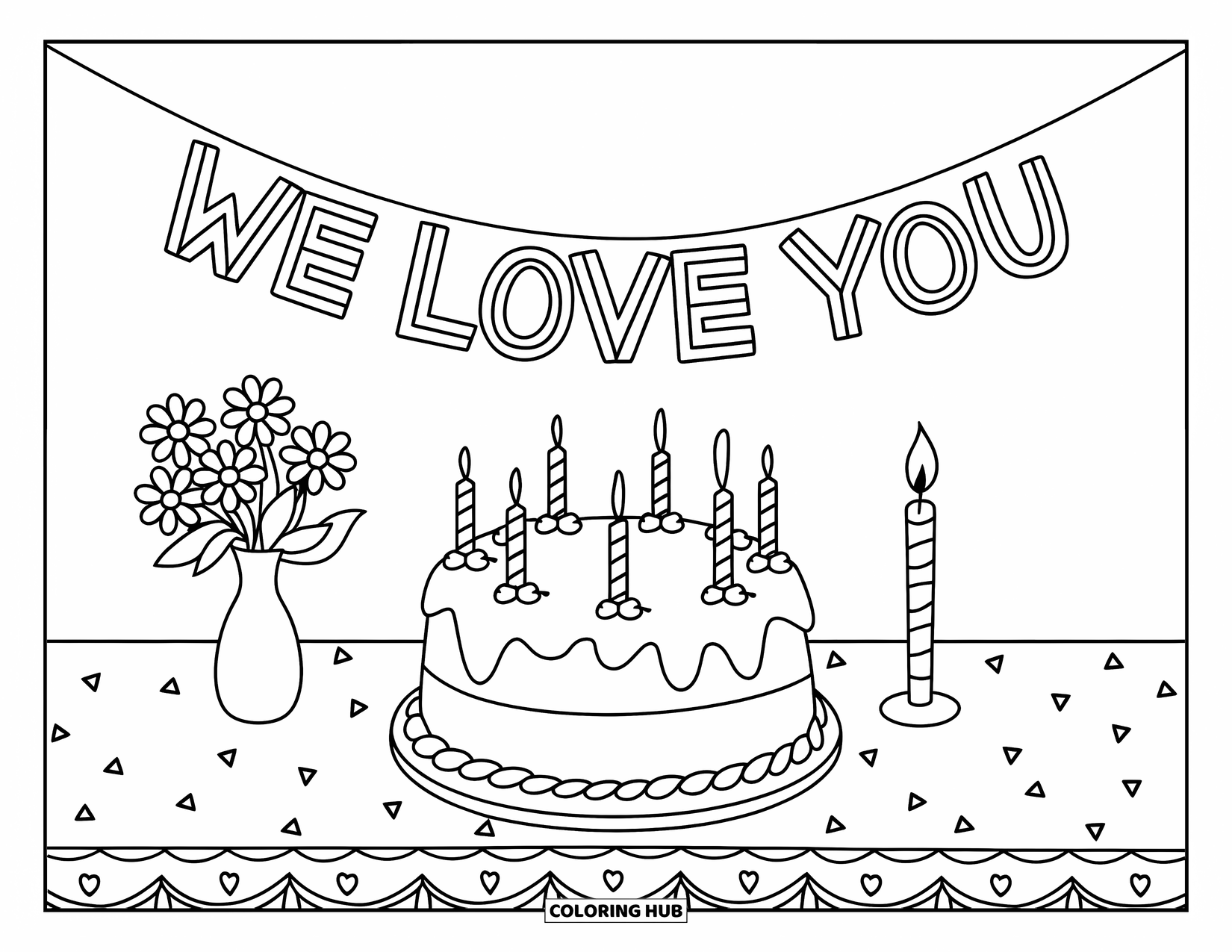 We Love You Coloring Page for Kids: A party table holds a cake and a heartfelt "We Love You" sign