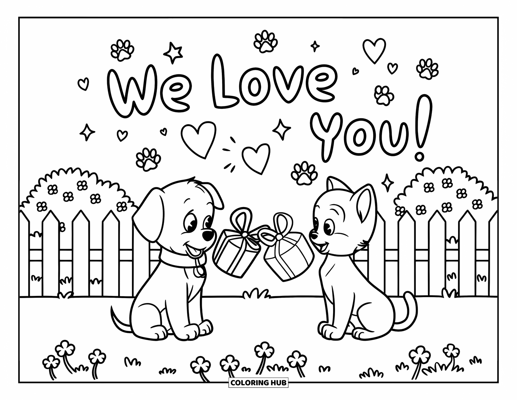 We Love You Coloring Page for Kids: A puppy and kitten exchange heart-shaped gifts with love and joy