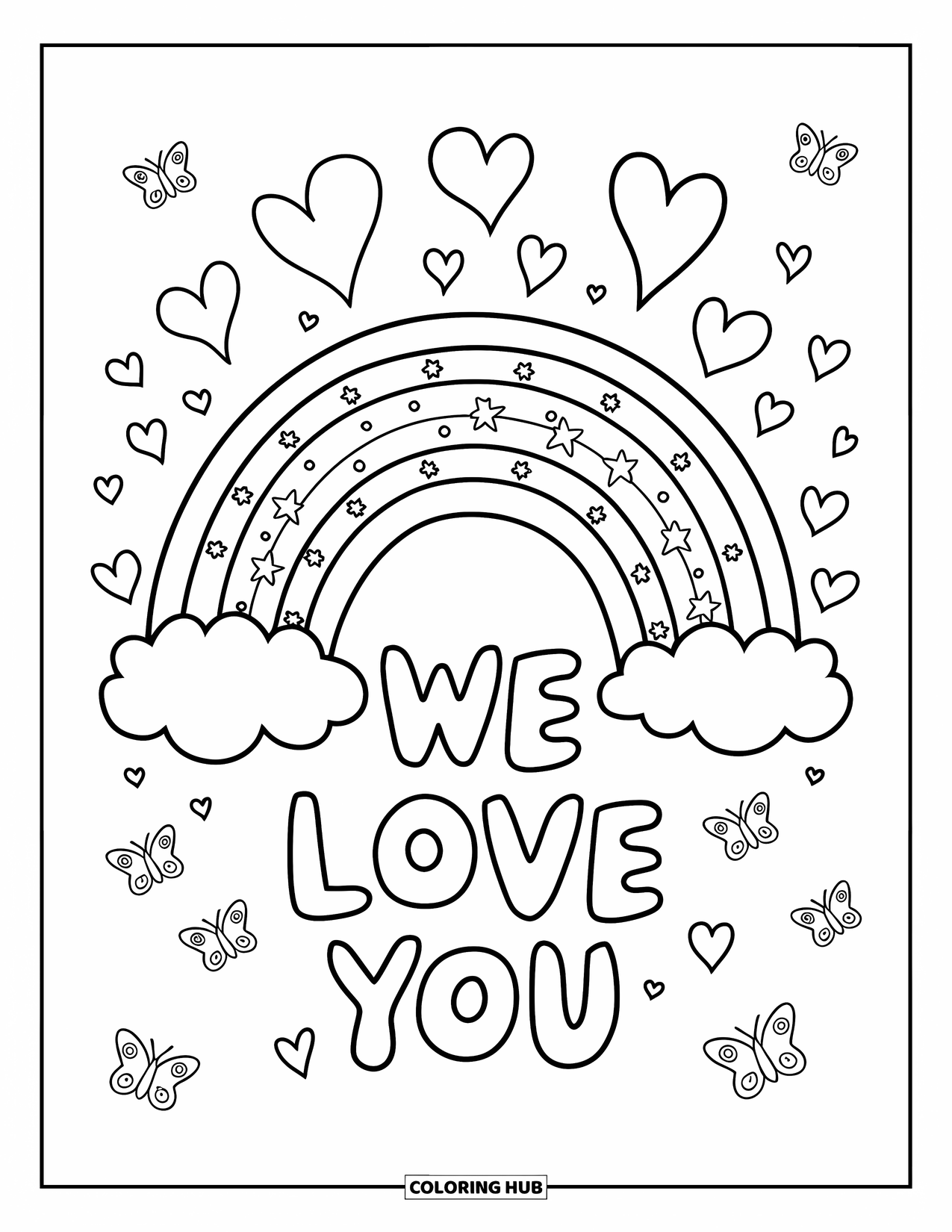 We Love You Coloring Page for Kids: A rainbow sparkles with hearts and a big message of love