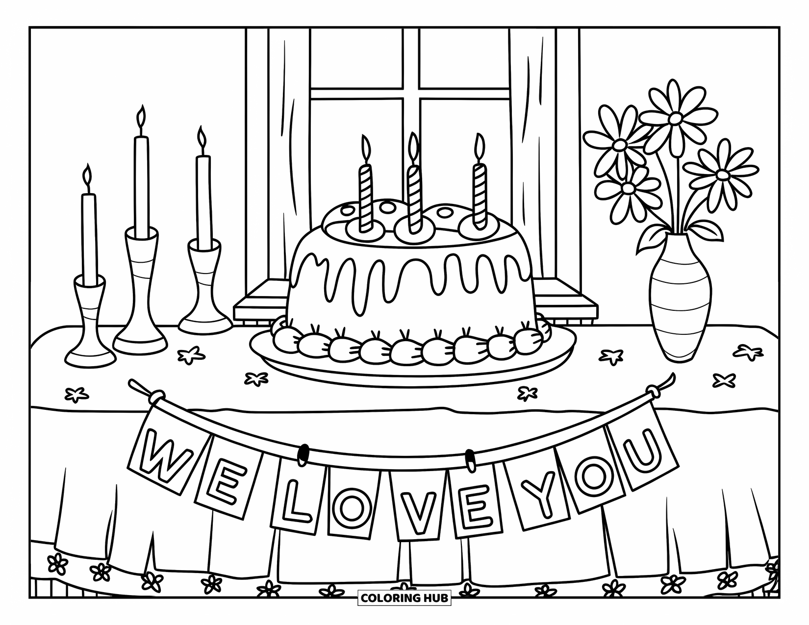 We Love You Coloring Page for Kids: A special cake waits on a table with candles and love