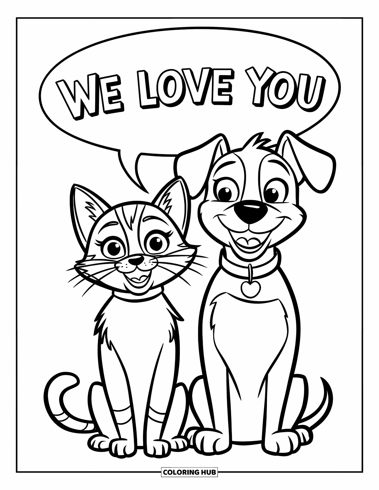 We Love You Coloring Page for Kids: A sweet cat and dog snuggle with a shared message of love
