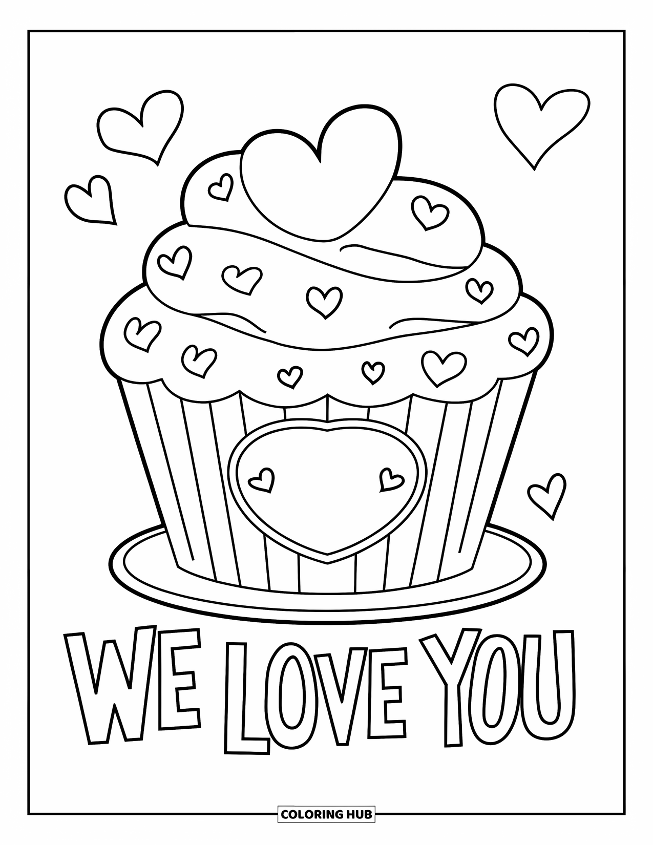 We Love You Coloring Page for Kids: A sweet cupcake shares love with hearts and frosting