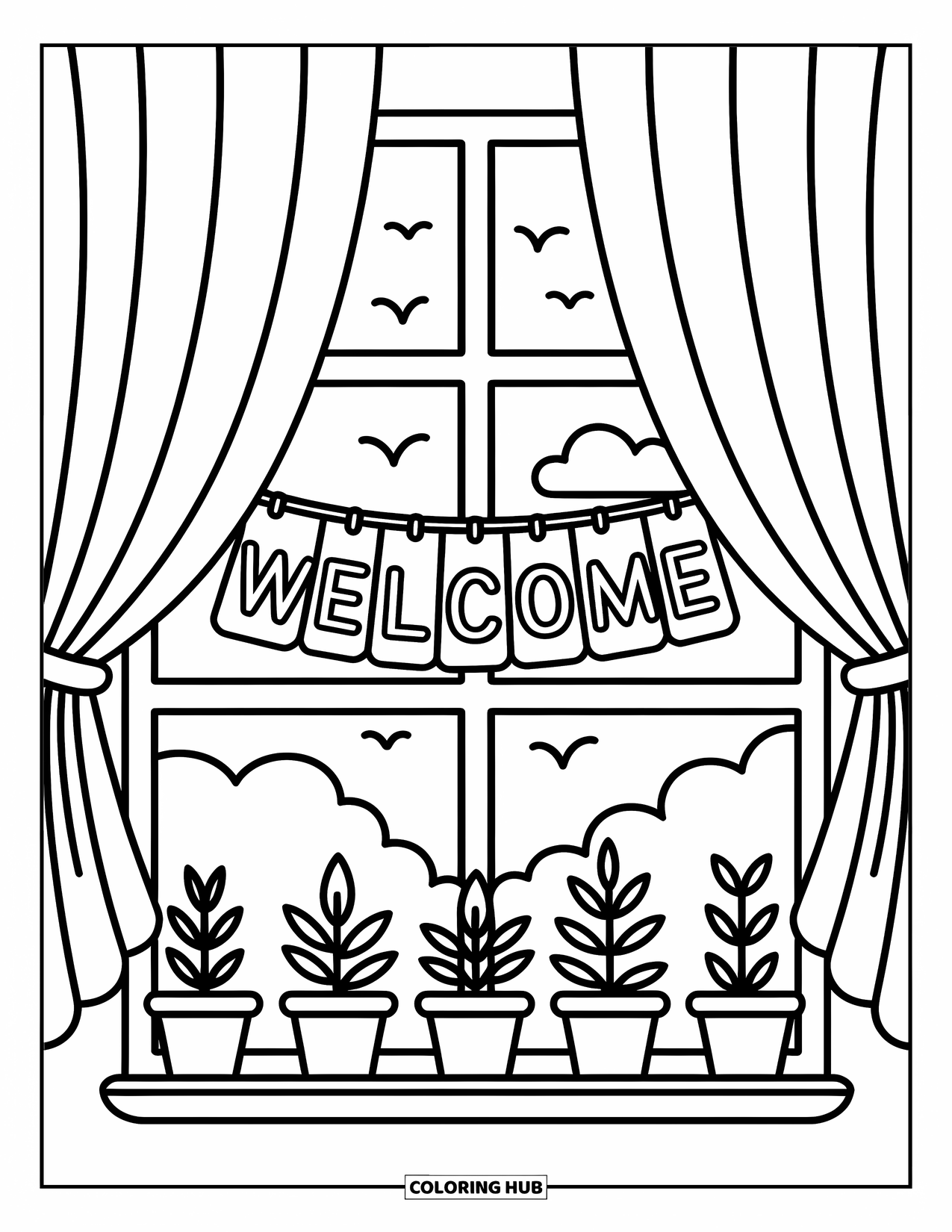 Welcome Coloring Page for Adults: A bright window scene with "WELCOME" and leafy pots on the sill