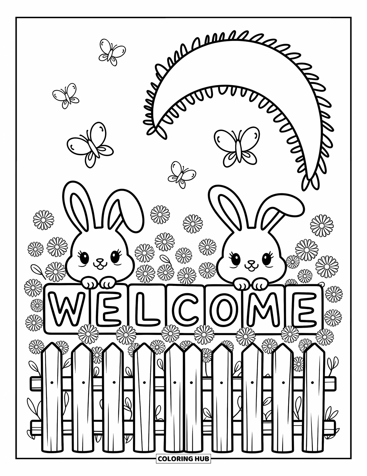 Welcome Coloring Page for Adults: A bunny field scene with "WELCOME" spelled in big, friendly letters
