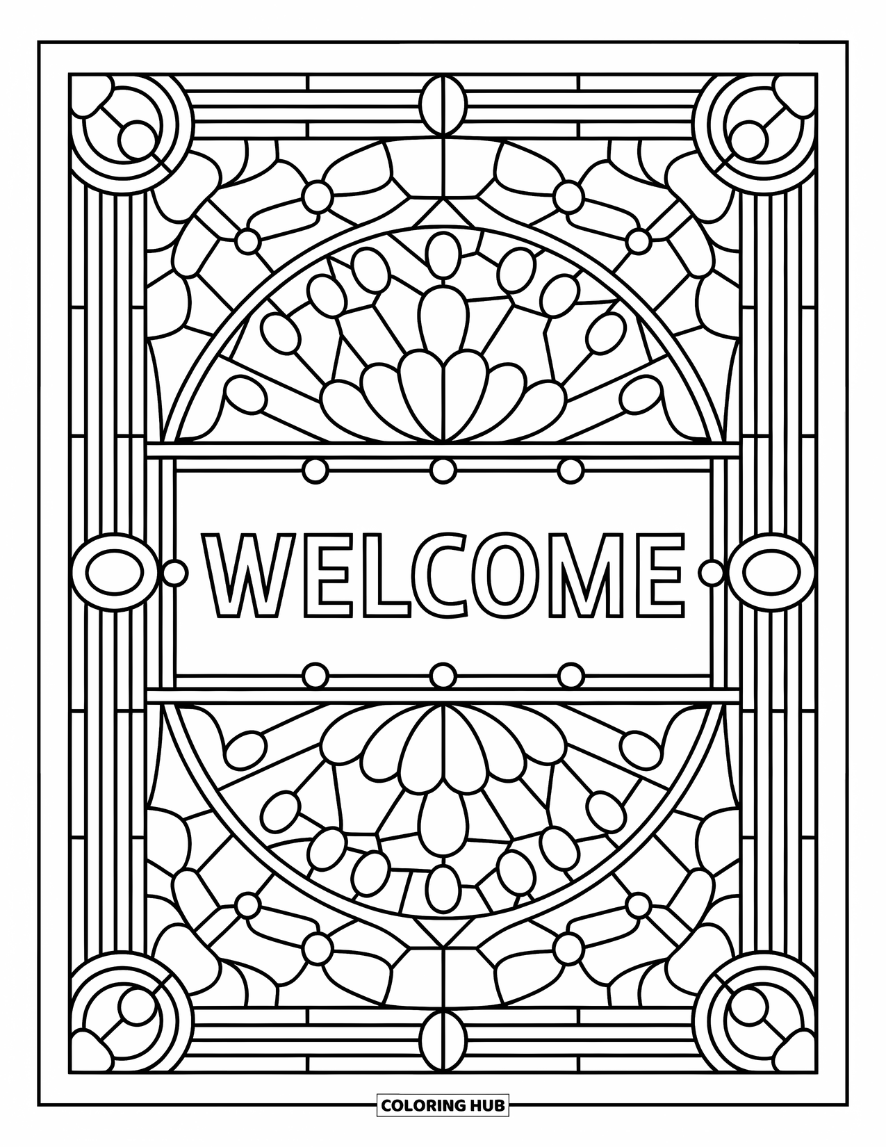 Welcome Coloring Page for Adults: A detailed glass mosaic frames the word "WELCOME" in the center
