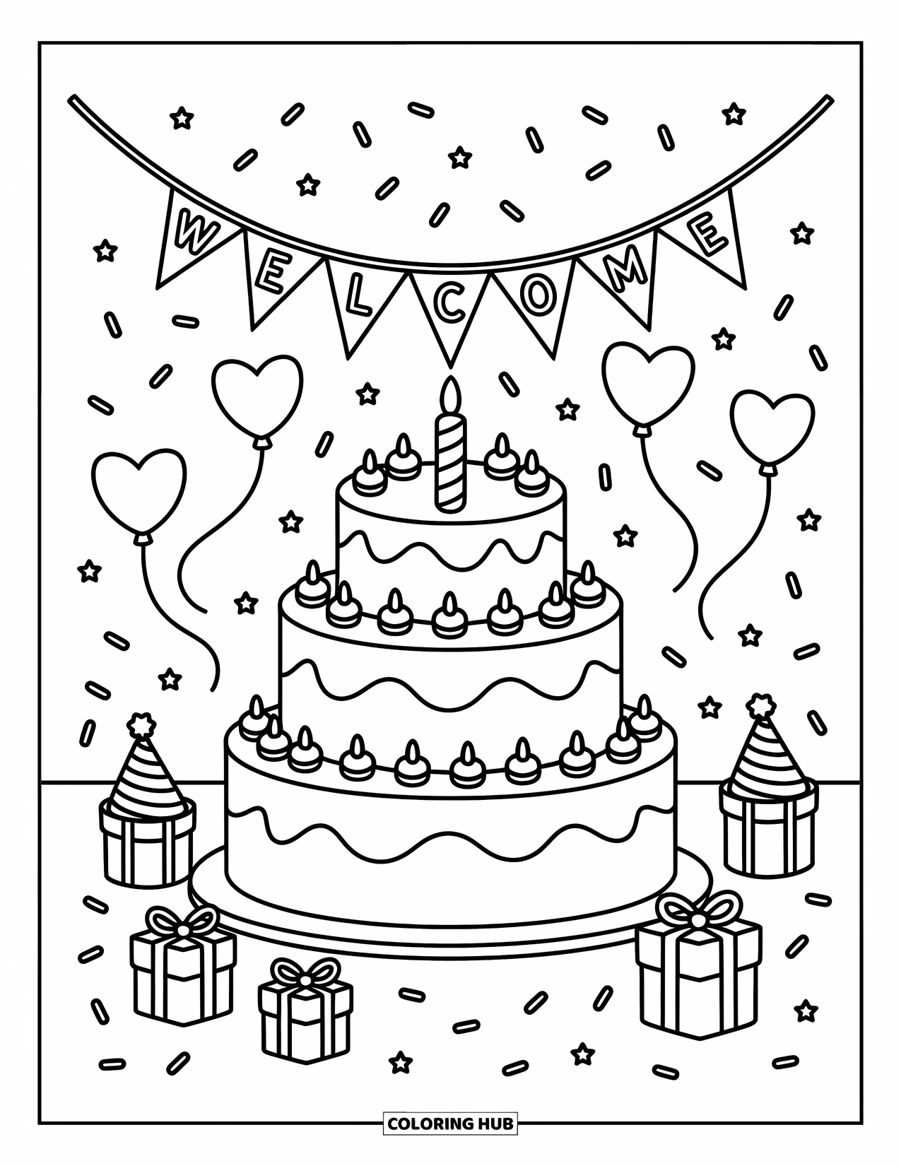 Welcome Coloring Page for Adults: A festive cake with "WELCOME" flags, hearts, and floating balloons
