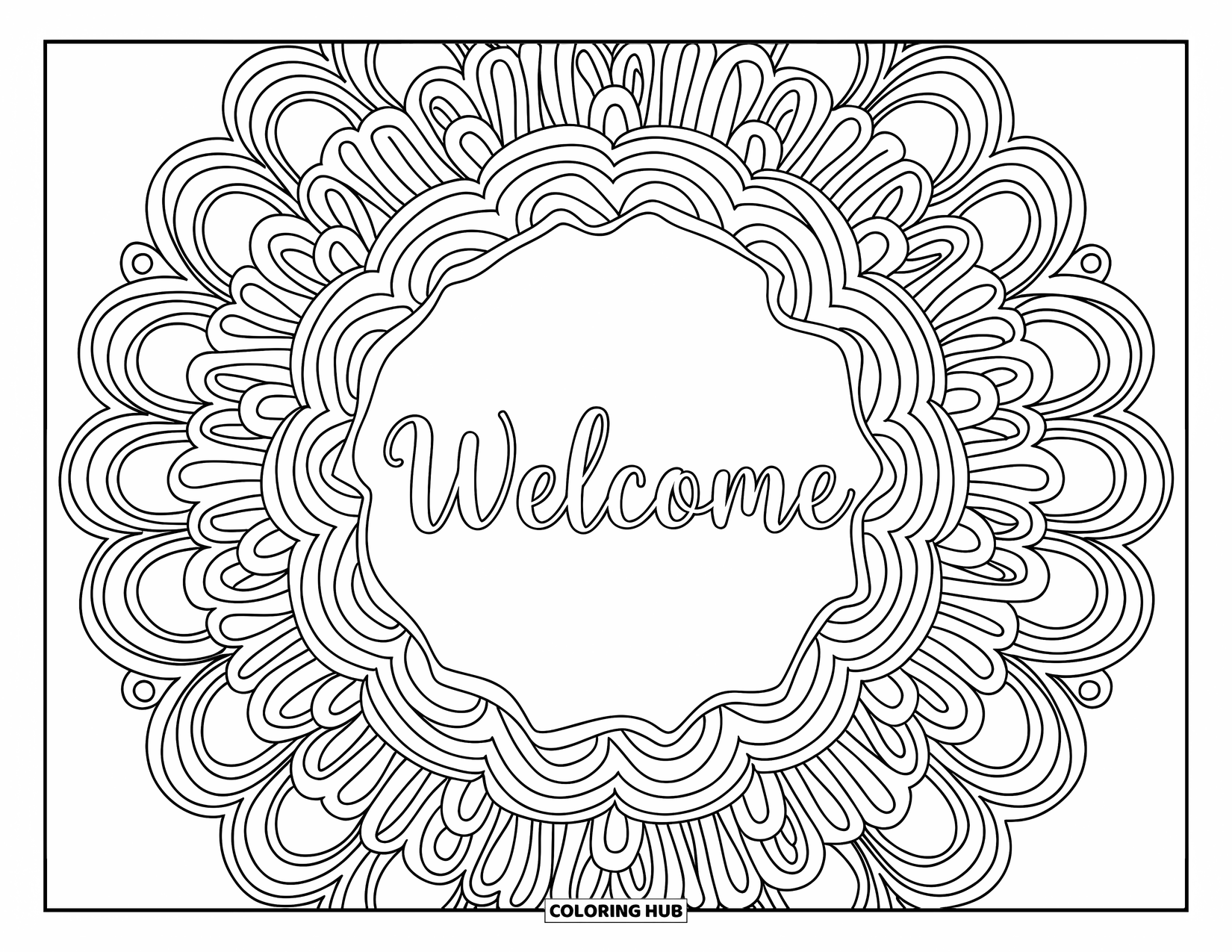 Welcome Coloring Page for Adults: A floral mandala with fine swirls surrounds the word "WELCOME"