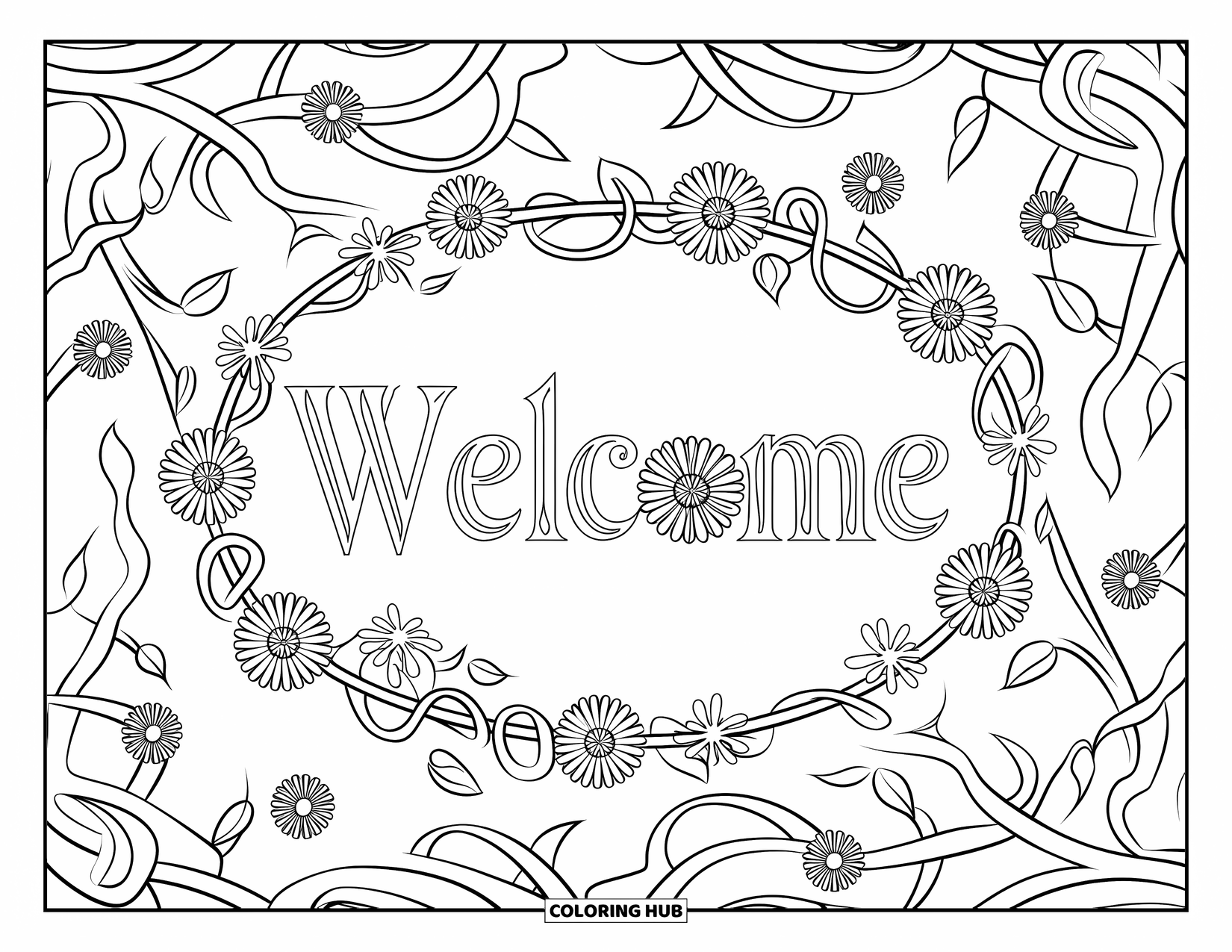 Welcome Coloring Page for Adults: A floral oval of vines and flowers encircles the word "WELCOME"