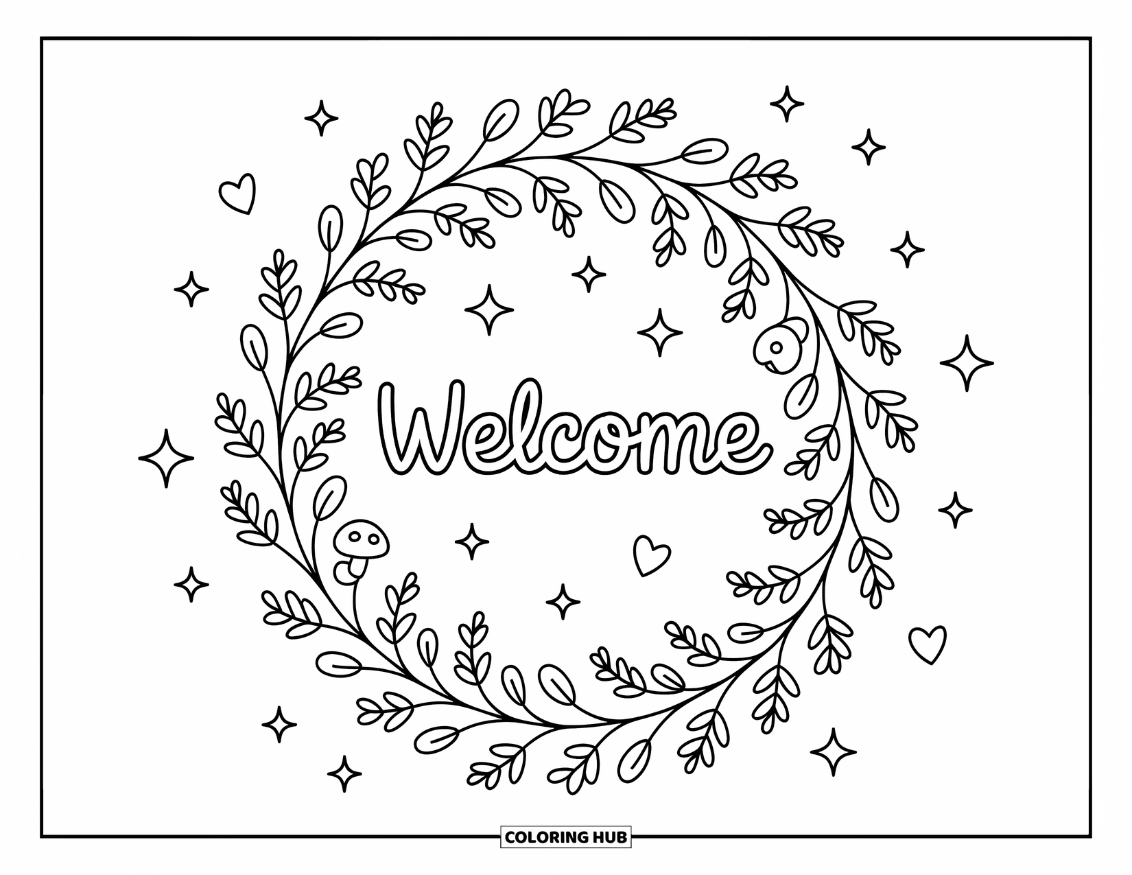 Welcome Coloring Page for Adults: A floral wreath of vines and berries encircles the word "WELCOME"
