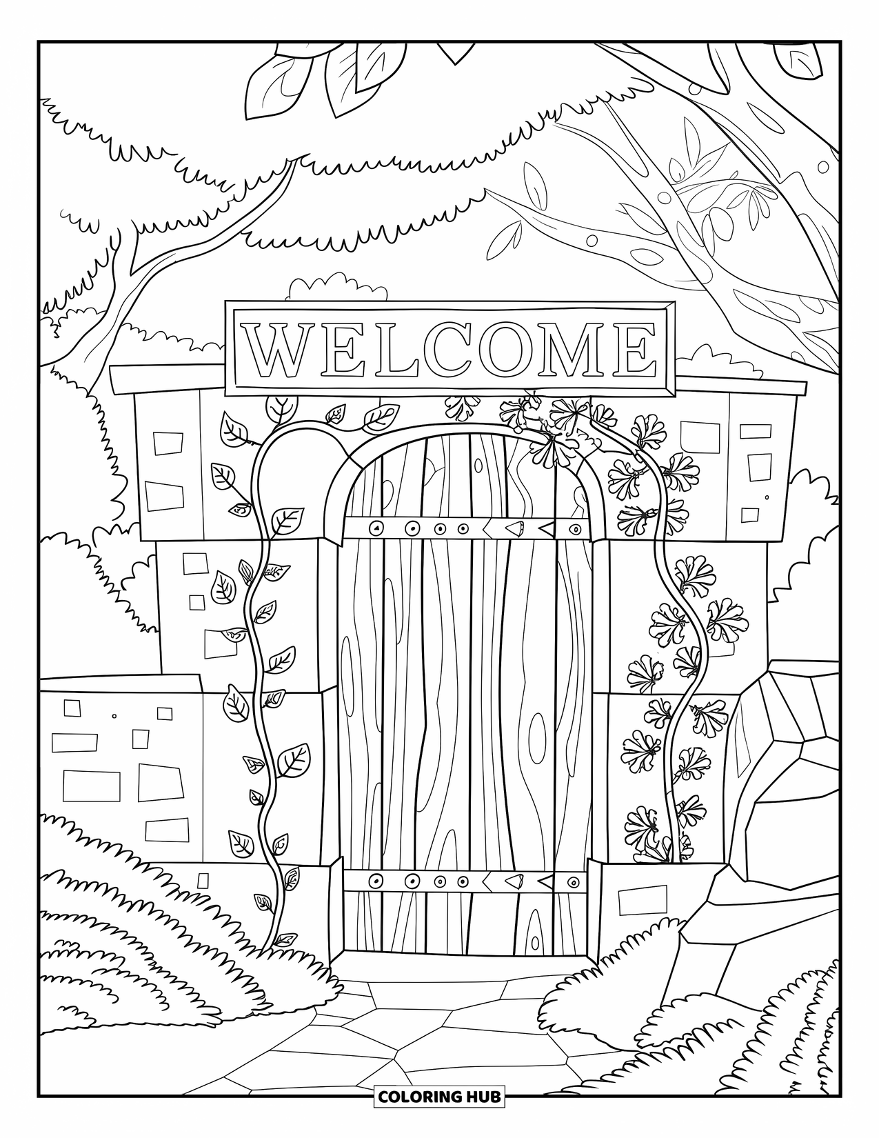 Welcome Coloring Page for Adults: A rustic doorway surrounded by vines bears a "WELCOME" sign