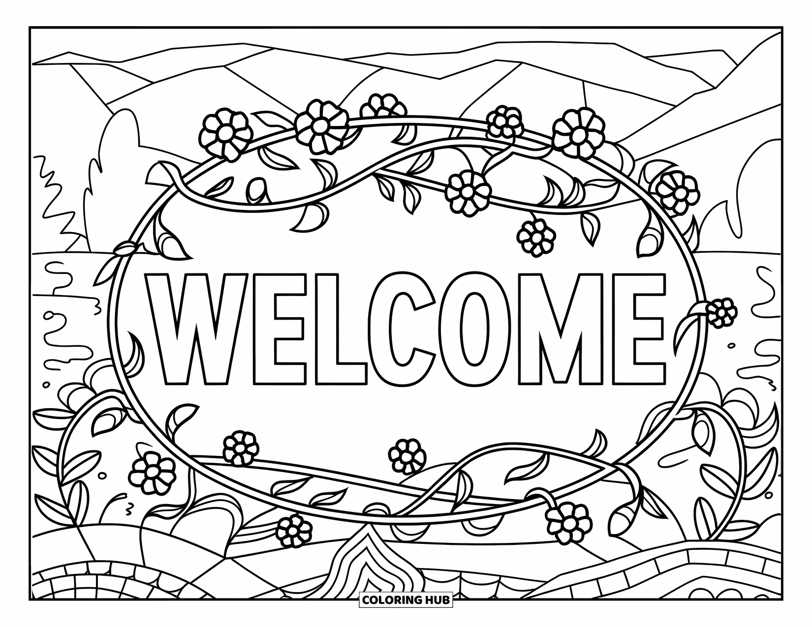 Welcome Coloring Page for Adults: A scenic floral oval frames "WELCOME" with trees and mountains beyond