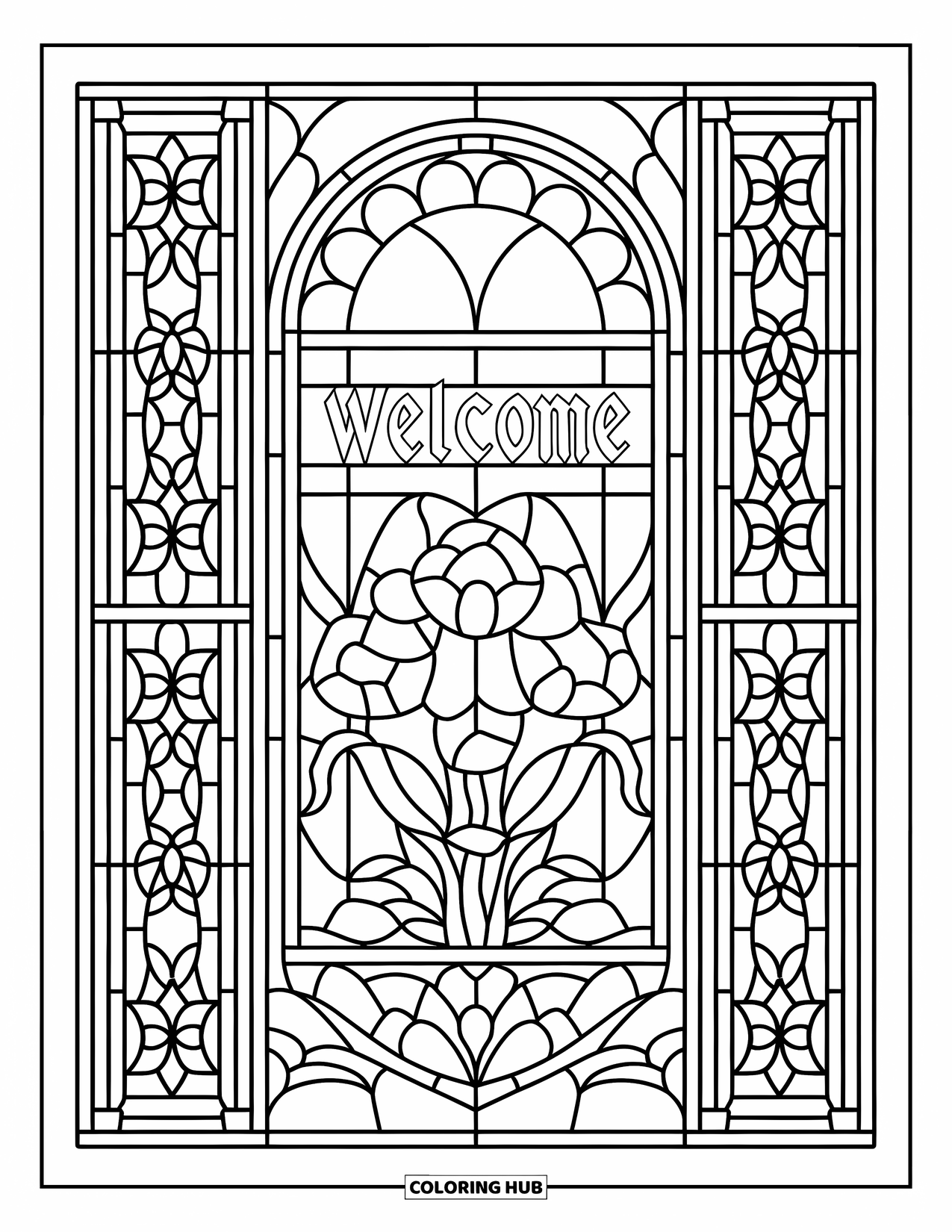 Welcome Coloring Page for Adults: A stained glass window displays "WELCOME" surrounded by floral panels