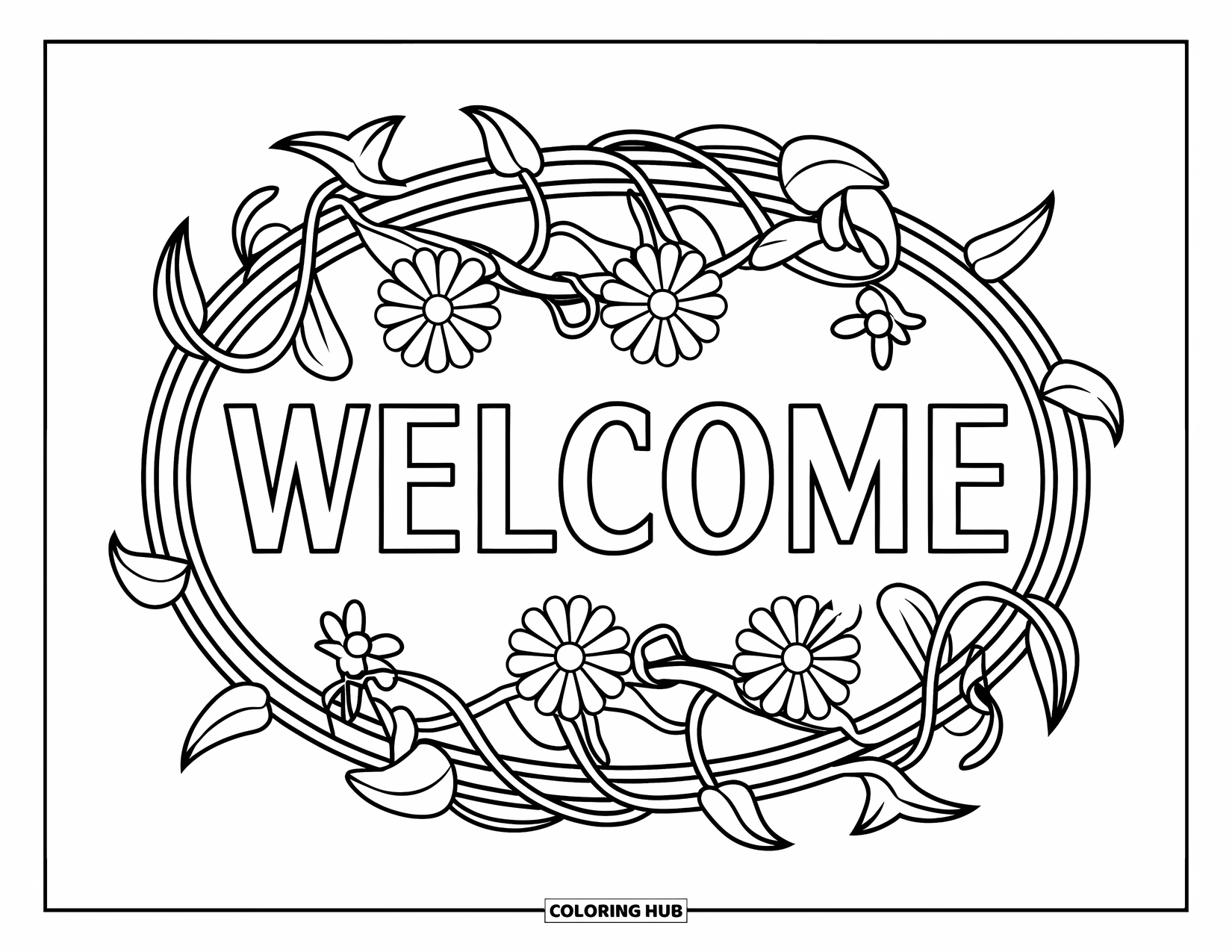 Welcome Coloring Page for Adults: A vine-wrapped oval holds "WELCOME" among blooming flowers