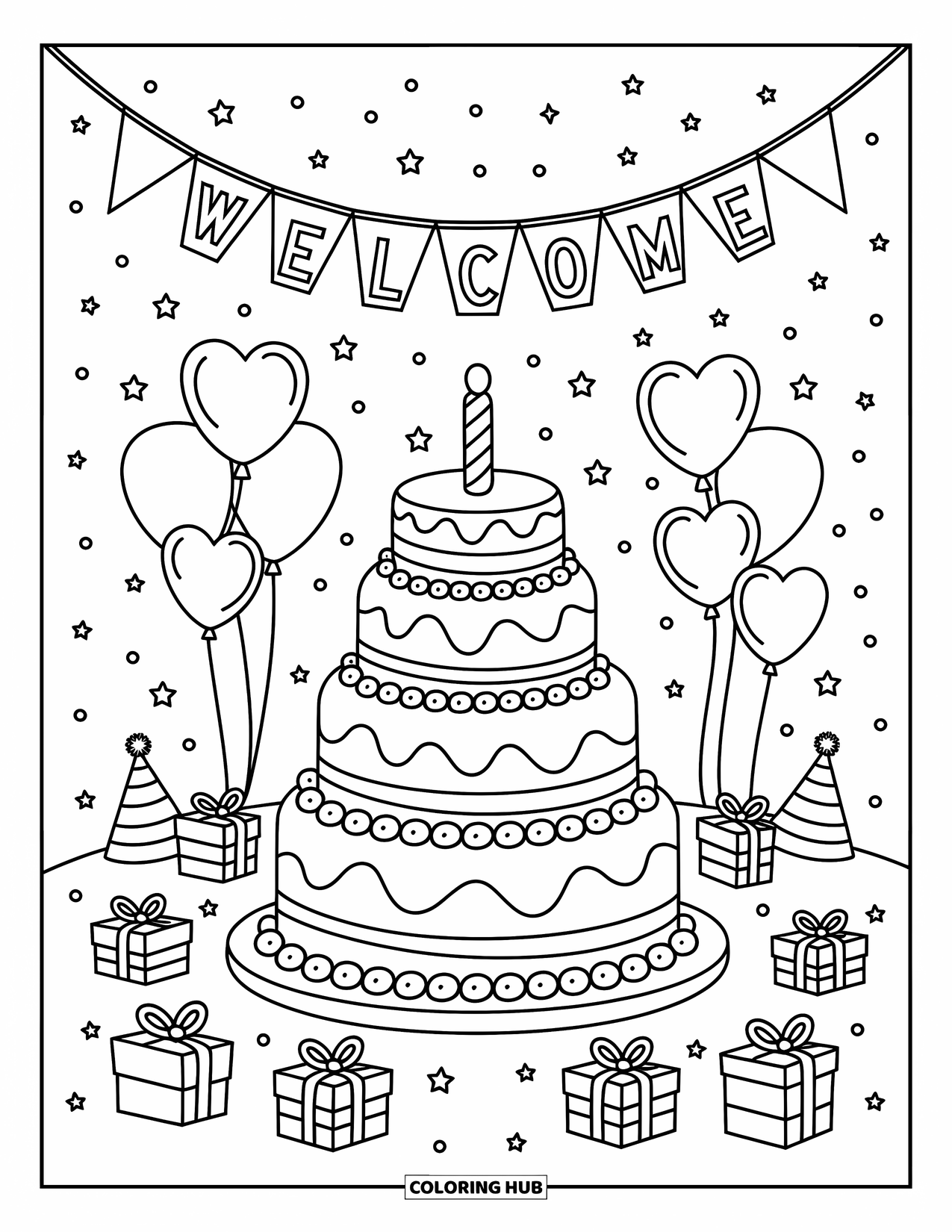 Welcome Coloring Page for Adults: A "WELCOME" cake scene features balloons, bunting, and party hats