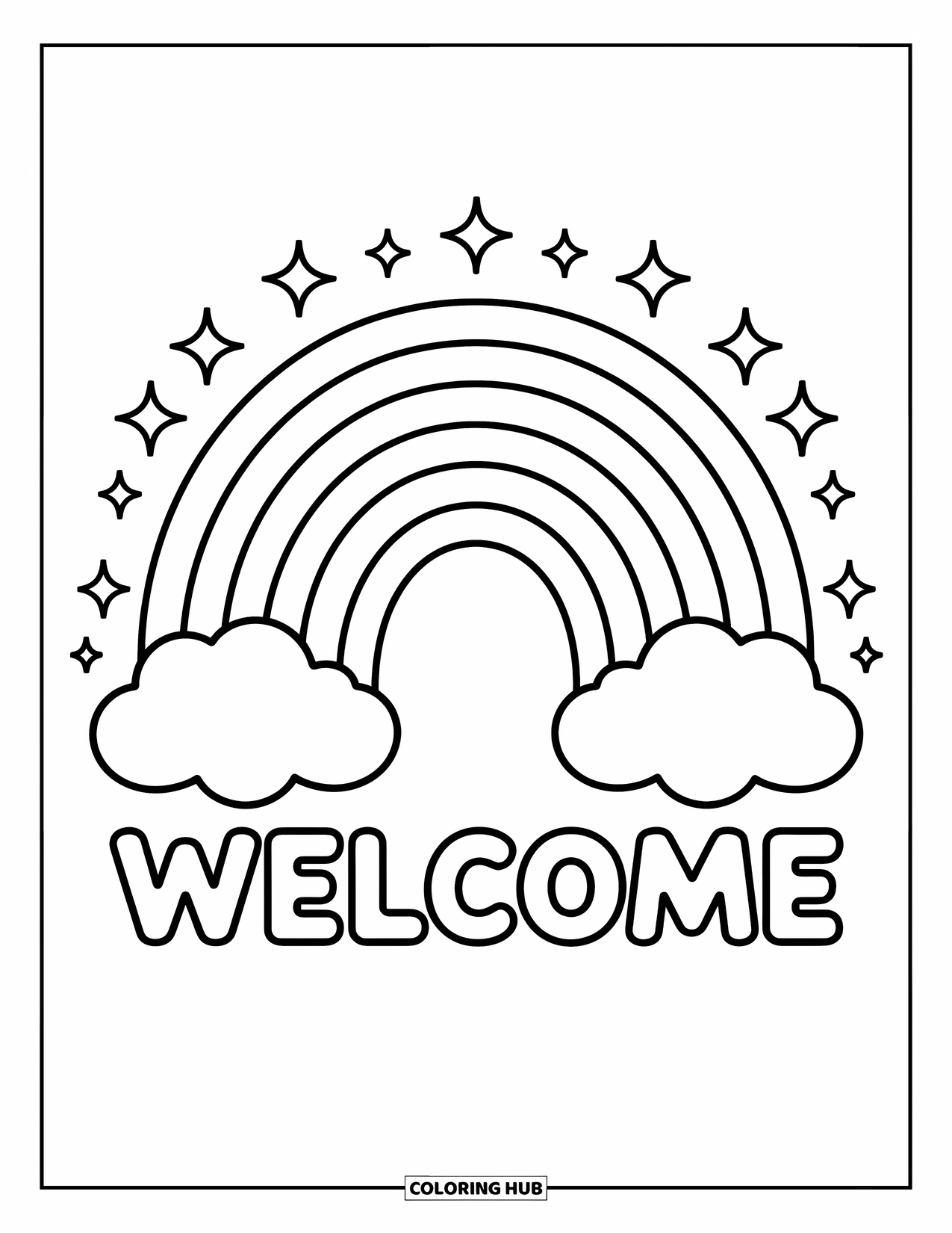 Welcome Coloring Page for Adults: A wide rainbow arches over "WELCOME" with clouds and stars