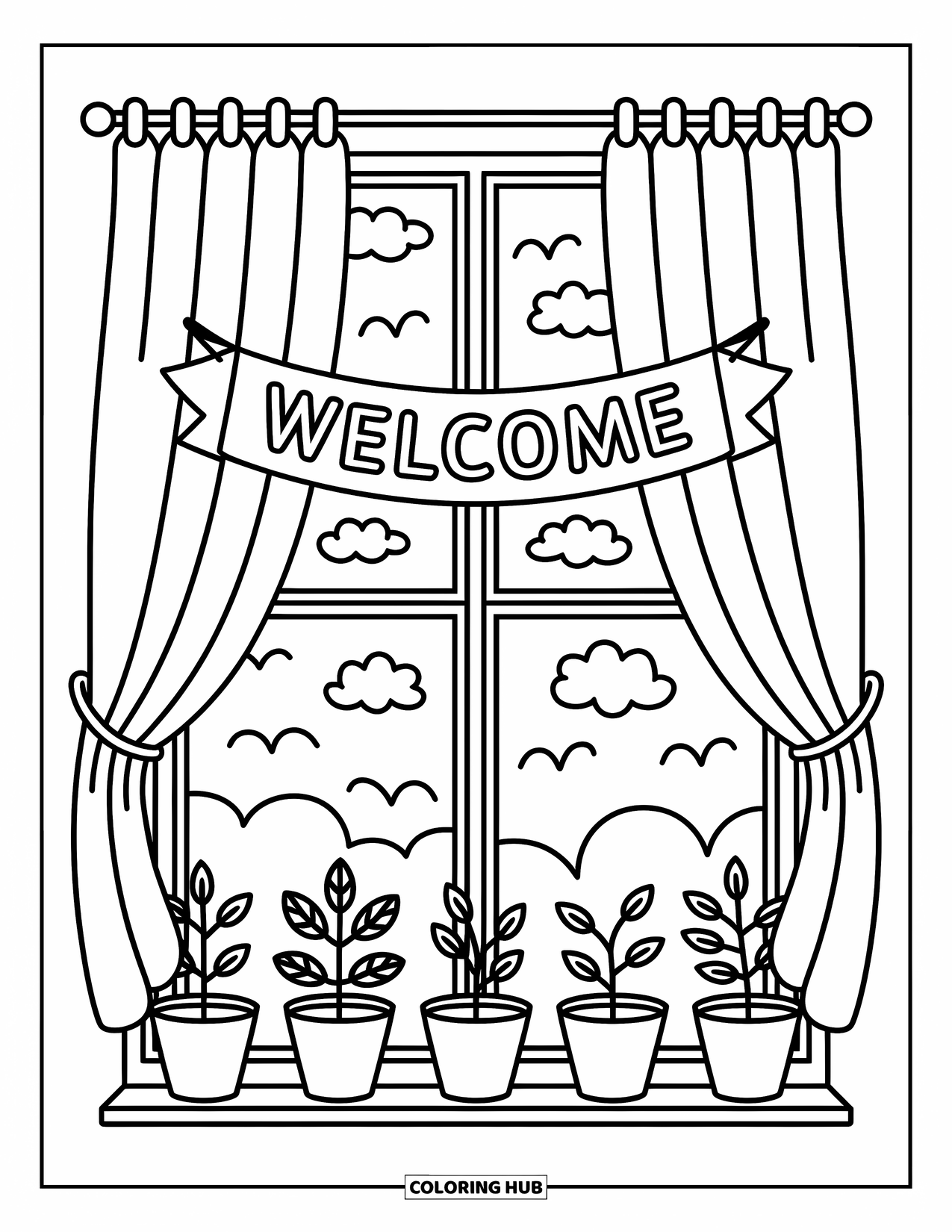 Welcome Coloring Page for Adults: A window with curtains pulled aside reveals a "WELCOME" banner