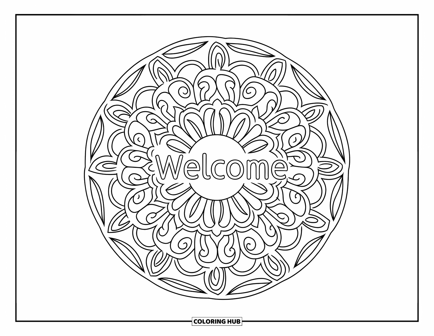 Welcome Coloring Page for Adults: An intricate circular mandala frames a warm "WELCOME"