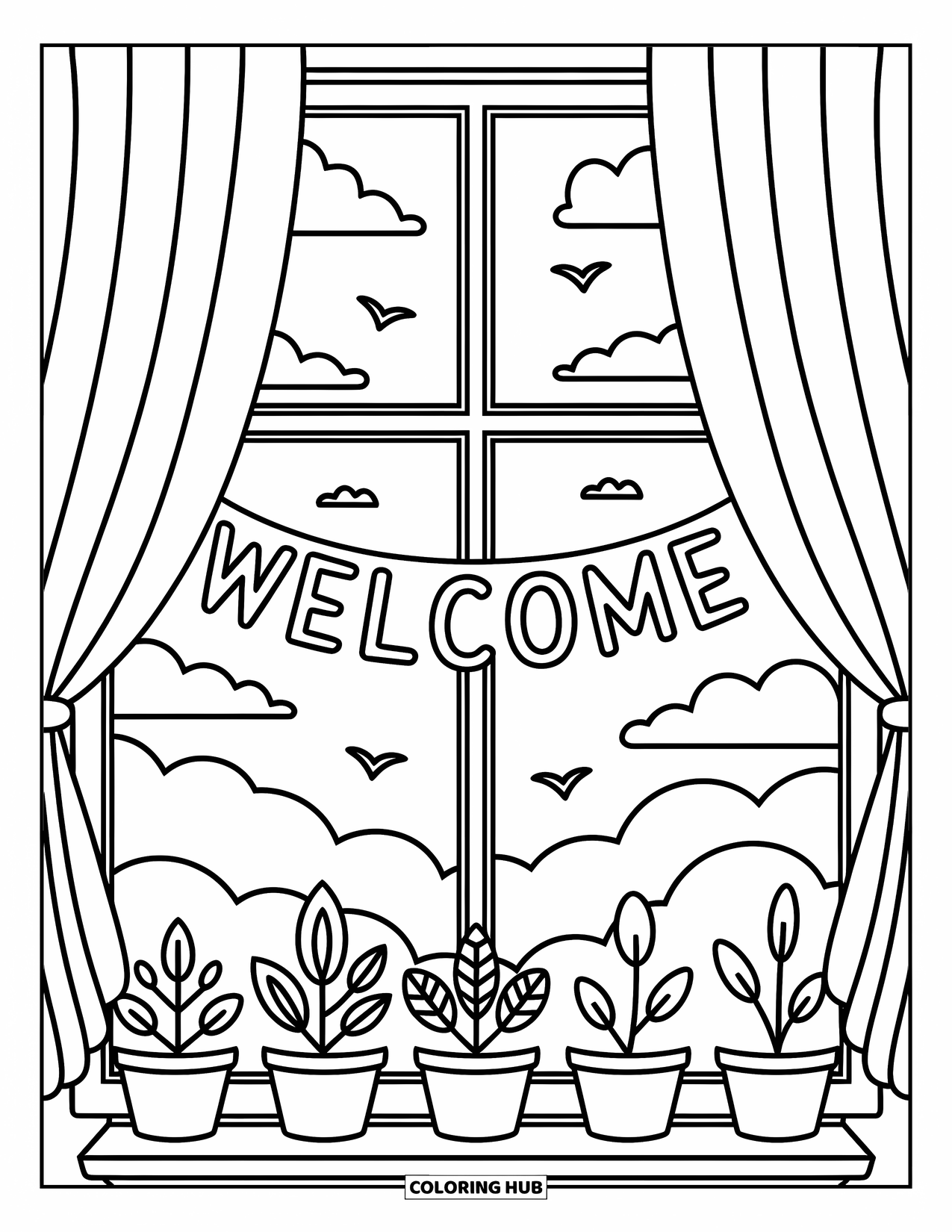 Welcome Coloring Page for Adults: Curtains and potted plants frame a sunny "WELCOME" view