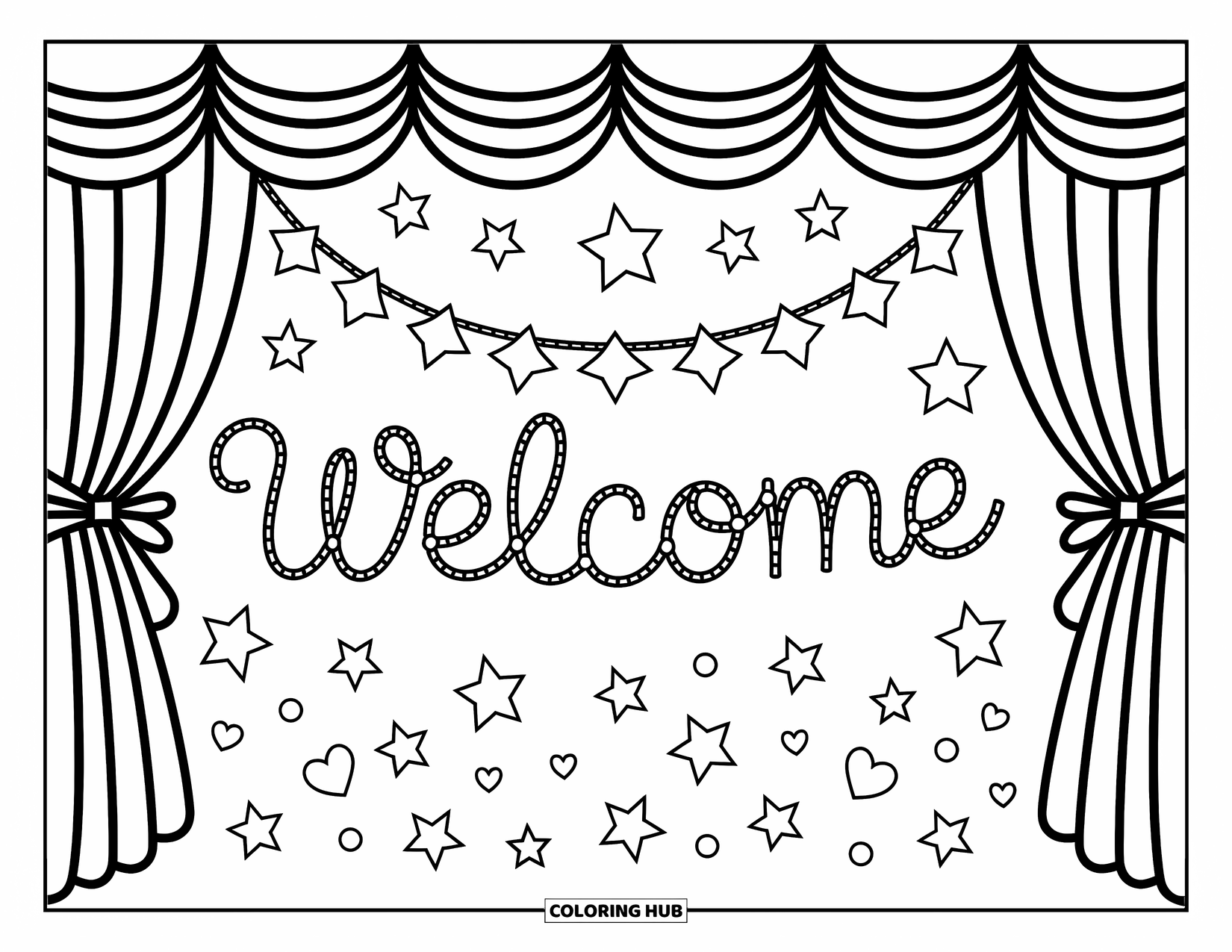 Welcome Coloring Page for Adults: Draped curtains reveal "WELCOME" under twinkling stars and bows