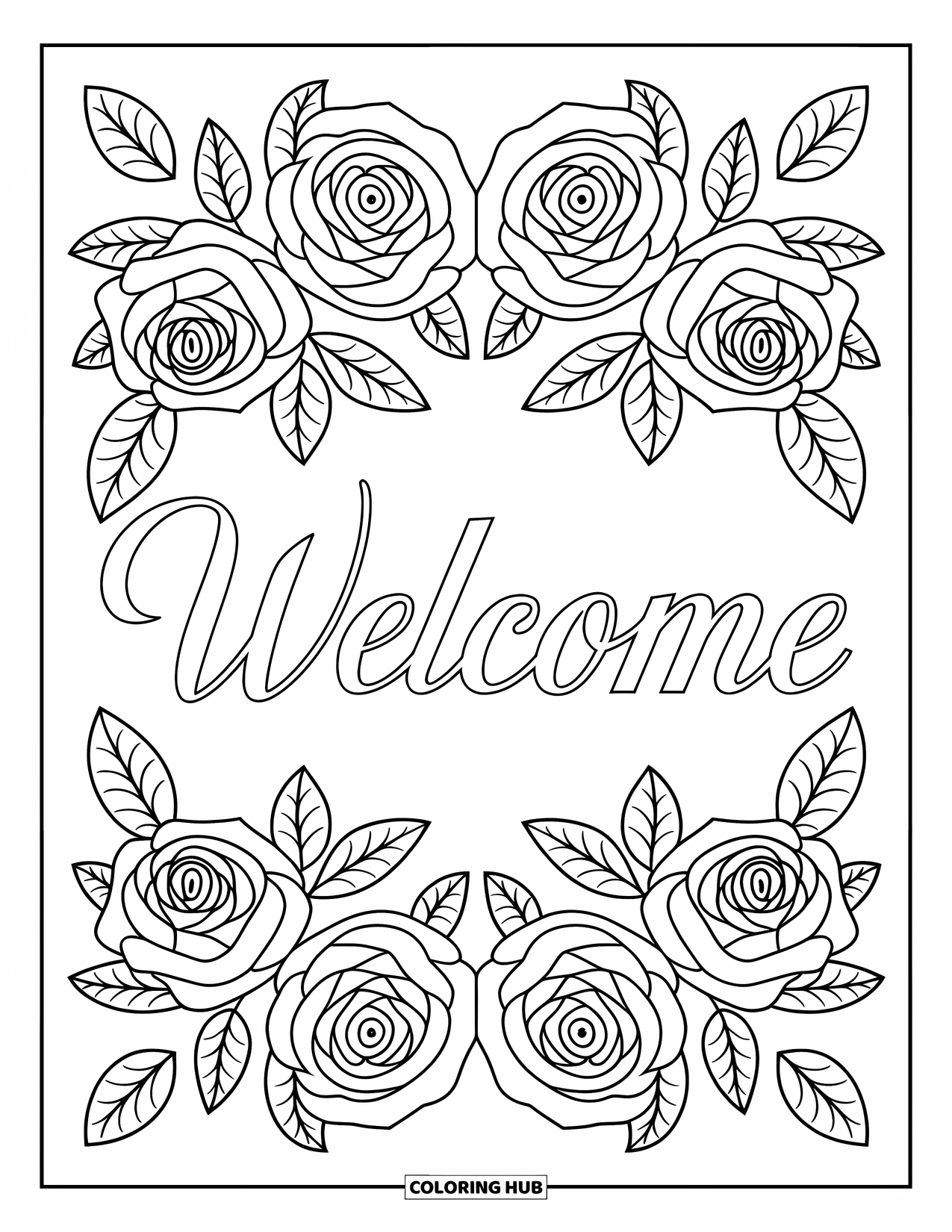 Welcome Coloring Page for Adults: Elegant roses and leaves frame "WELCOME" in graceful script