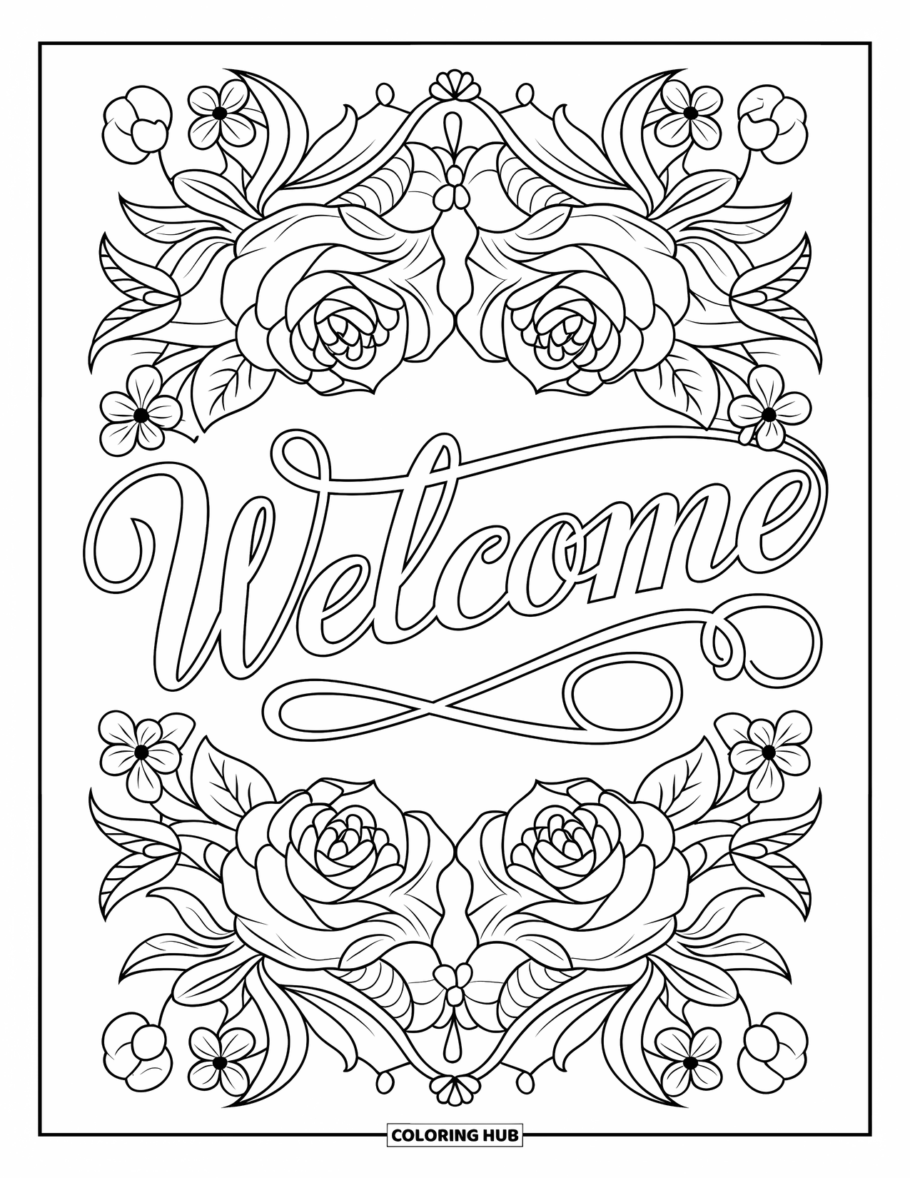 Welcome Coloring Page for Adults: Intricate roses and vines gracefully frame the word "WELCOME"