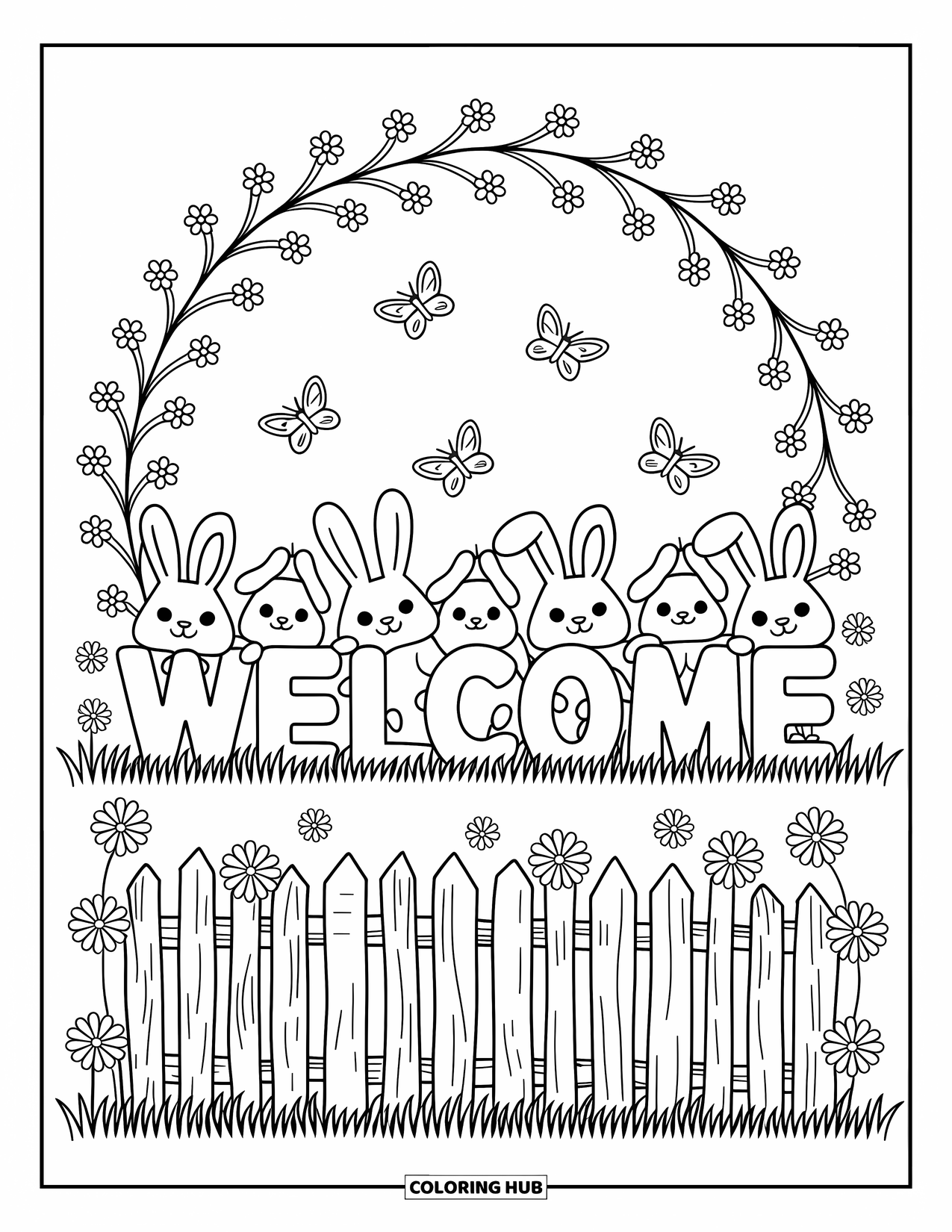 Welcome Coloring Page for Adults: Letter blocks spelling "WELCOME" sit among flowers and bunnies