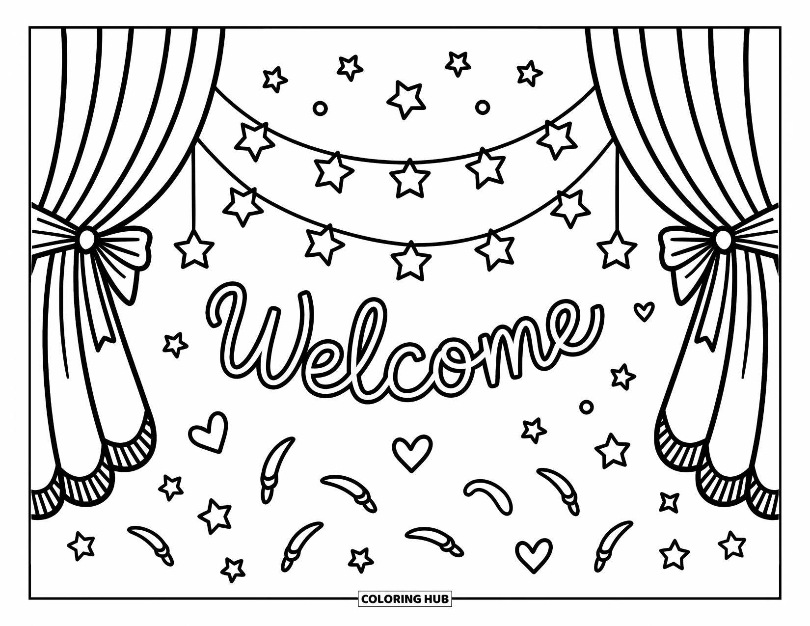 Welcome Coloring Page for Adults: Soft curtains and stars frame a playful "WELCOME" in the center